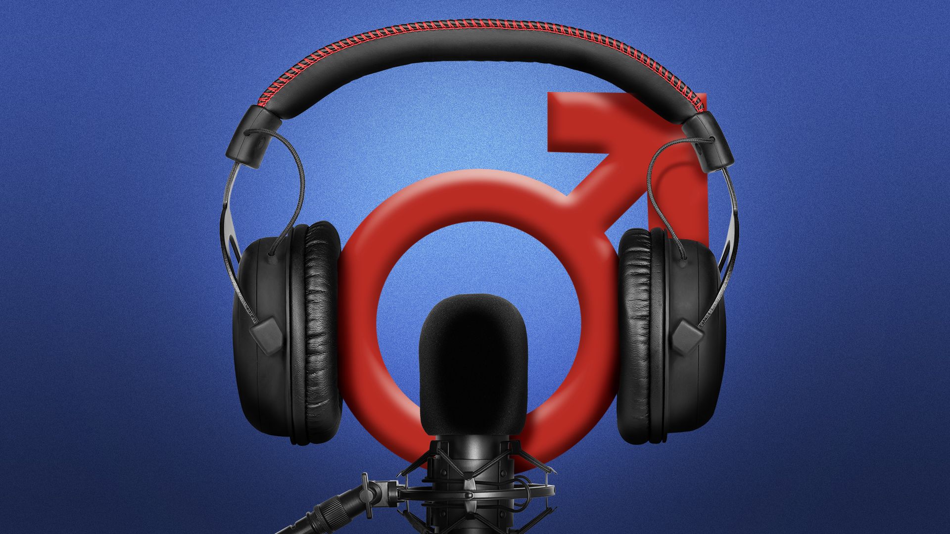 Illustration of a male symbol sporting headphones with a podcast microphone in front of it