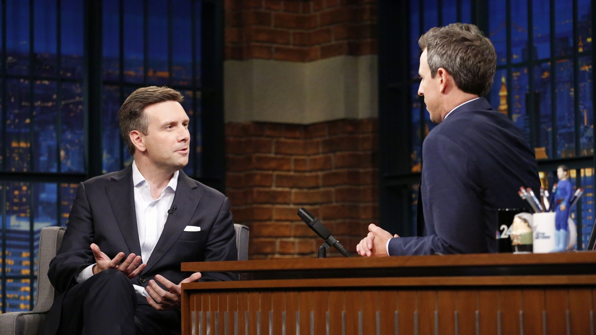 Earnest faces Meyers on the set of the talk show