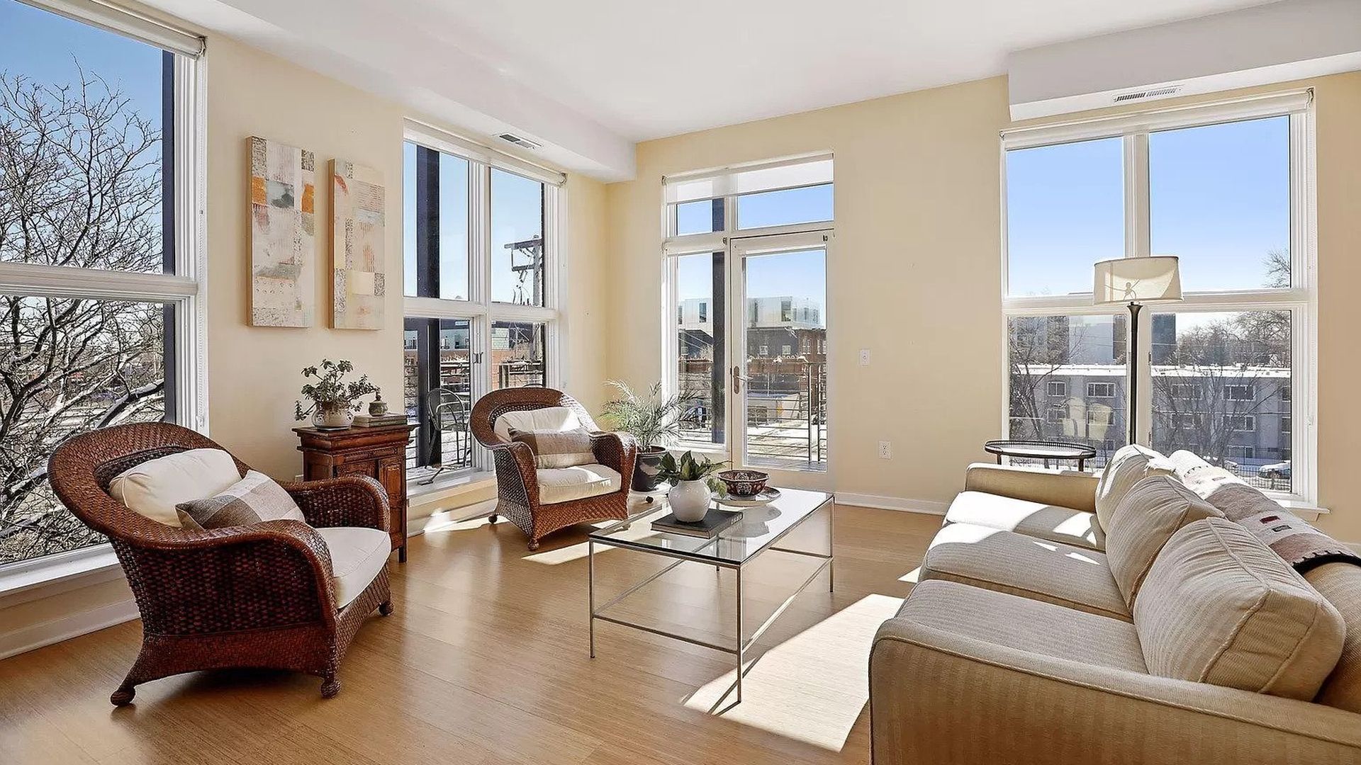 A sunny condo with wood features