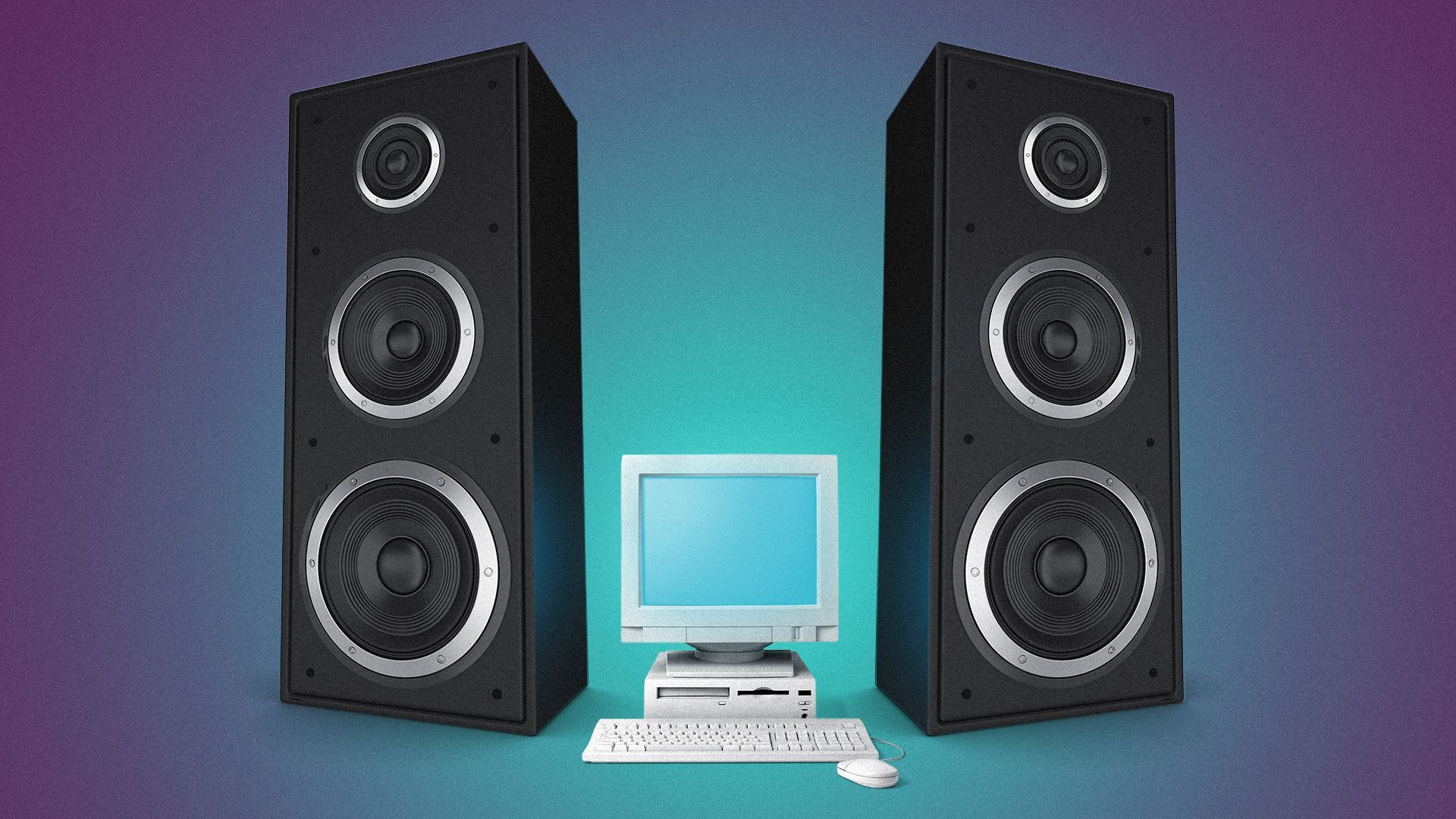 Illustration of a small computer with two giant speakers on either side. 