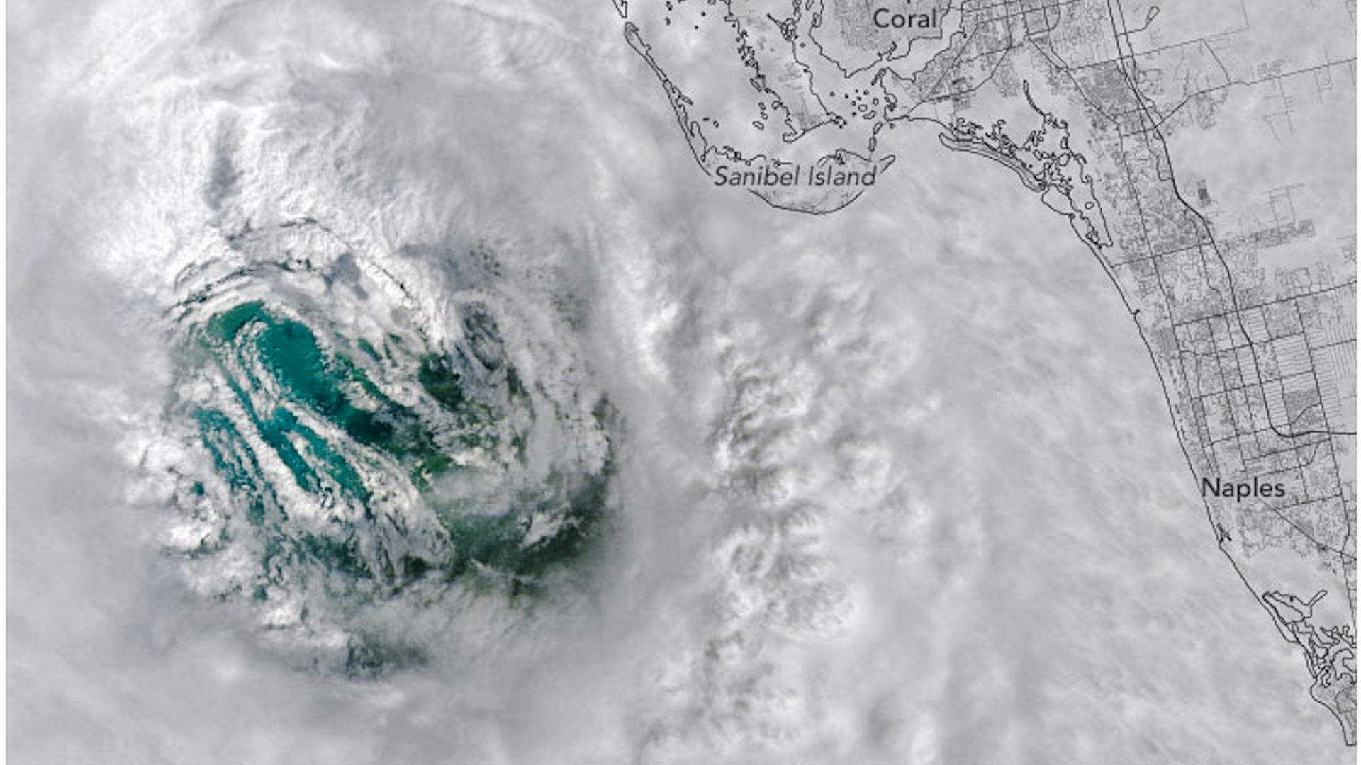 Closeup of Hurricane Ian's eye seen from space as the storm struck Sanibel Island, Fla., on Sept. 18, 2022. Image: NASA