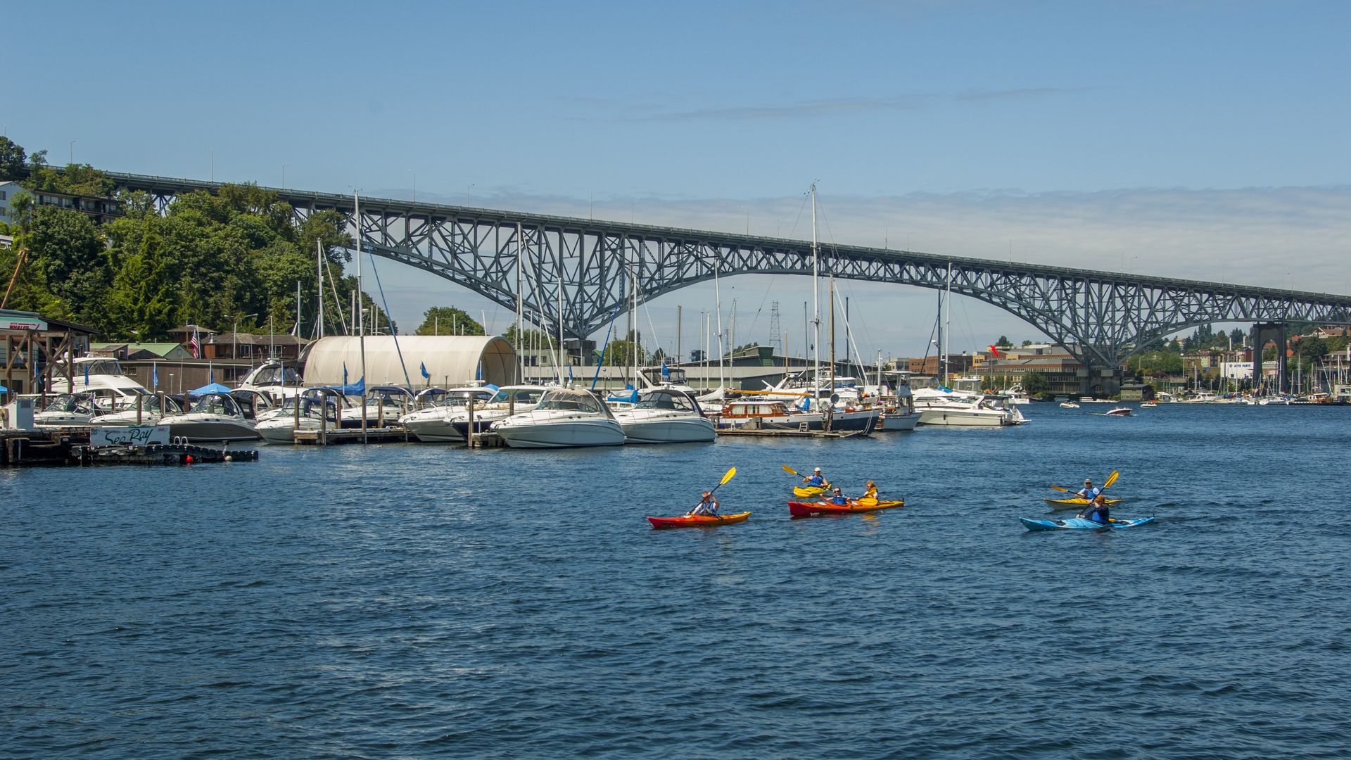 A group of kayakers on blue water with boats and a bridge in the distance. 