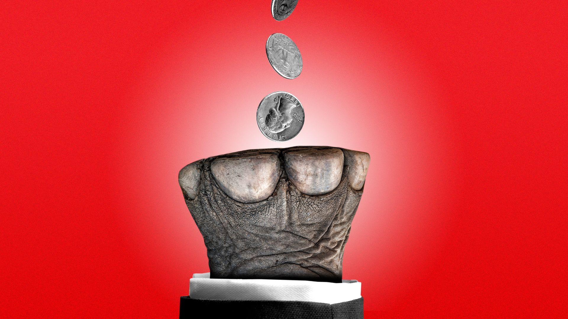 Illustration of a suited elephant paw reaching upward to receive falling coins