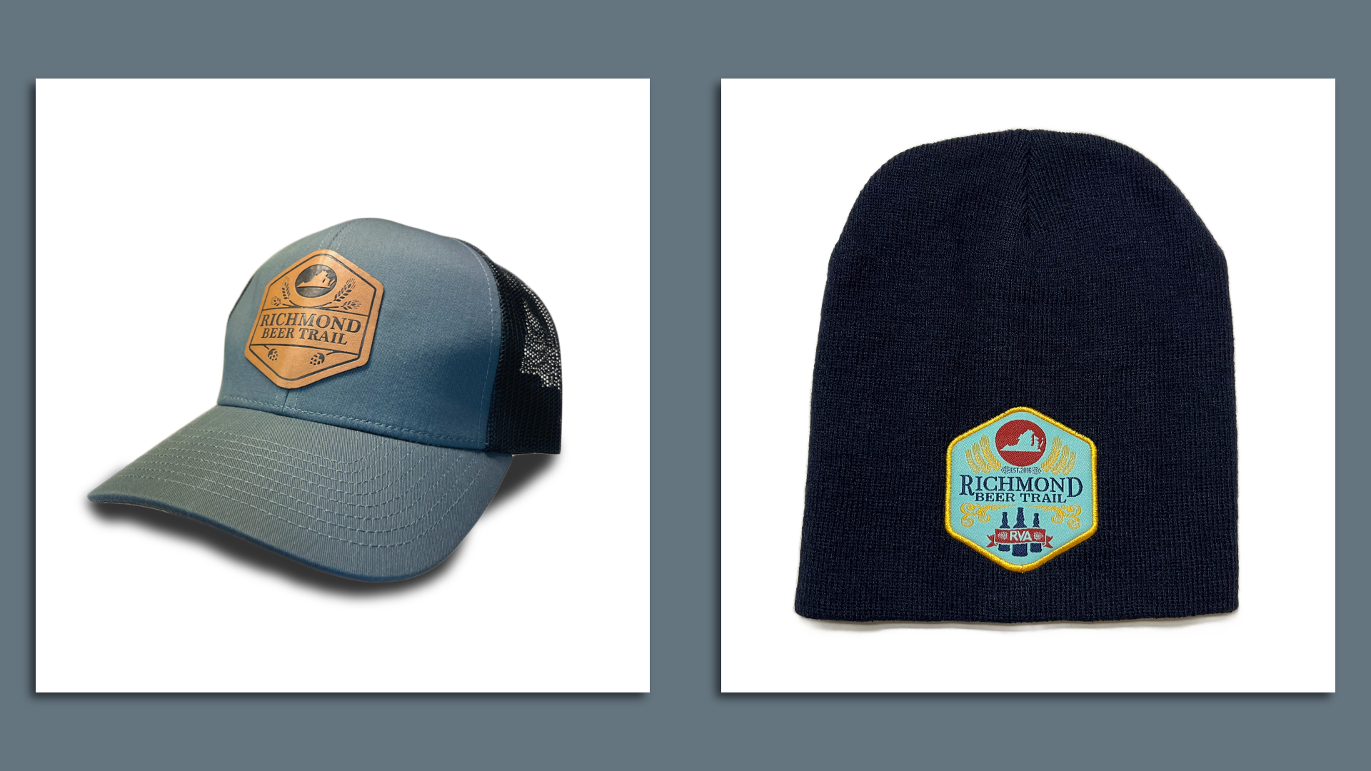 a trucker cap that says Richmond beer trail and a beanie that says the same. 