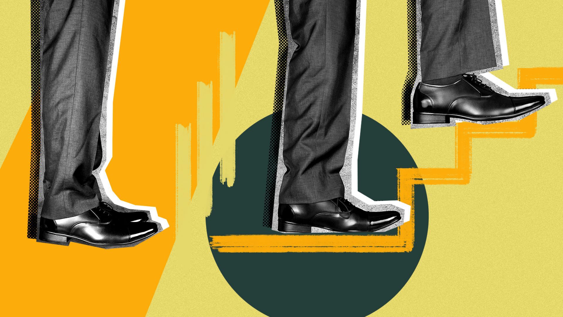 Illustration collage of legs in business attire standing still and another pair climbing stairs