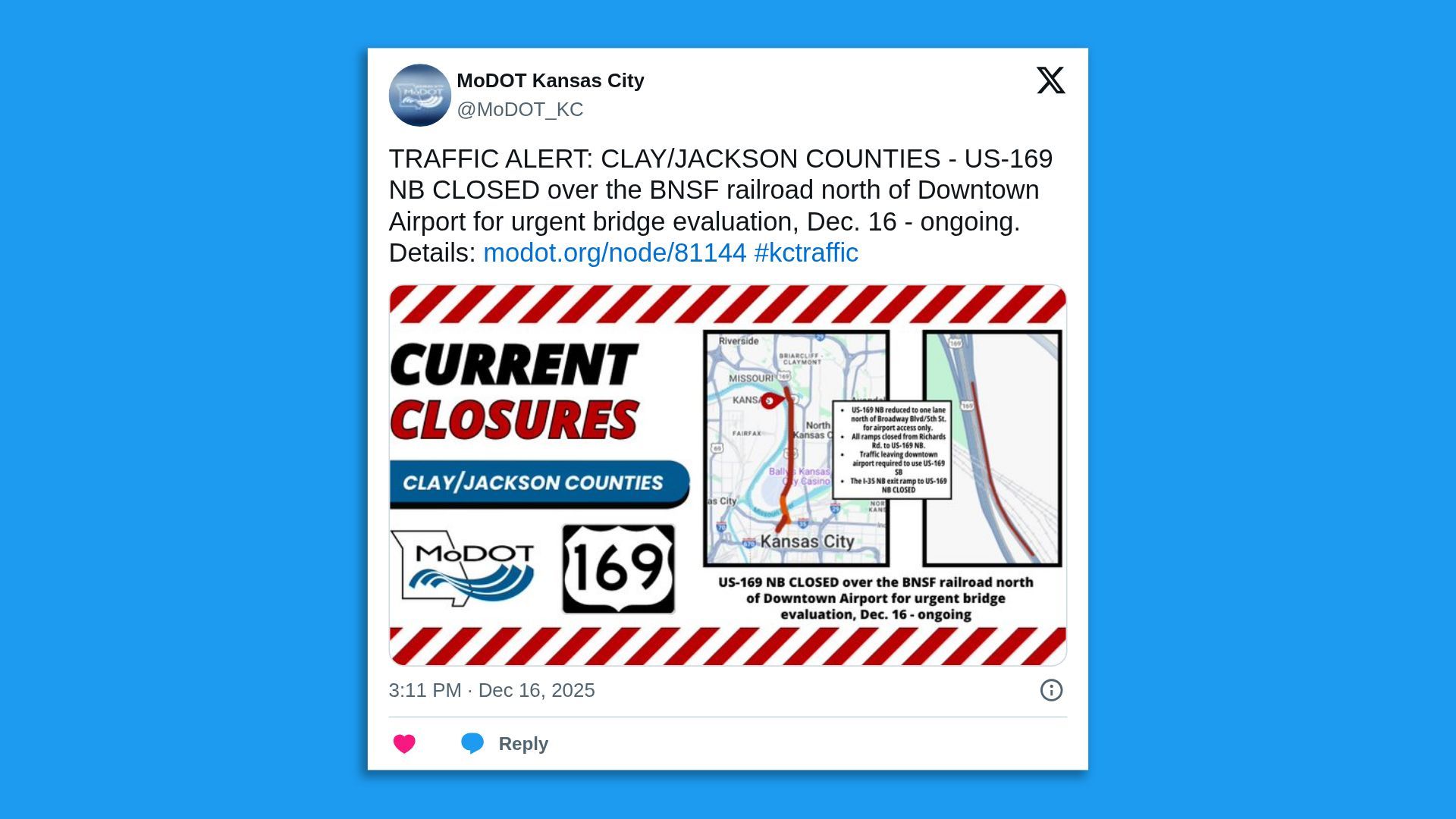 Twitter post from MoDOT Kansas City about US-169 northbound closure over BNSF railroad near Downtown Airport for urgent bridge evaluation, ongoing from Dec. 16, with a map of closure area.