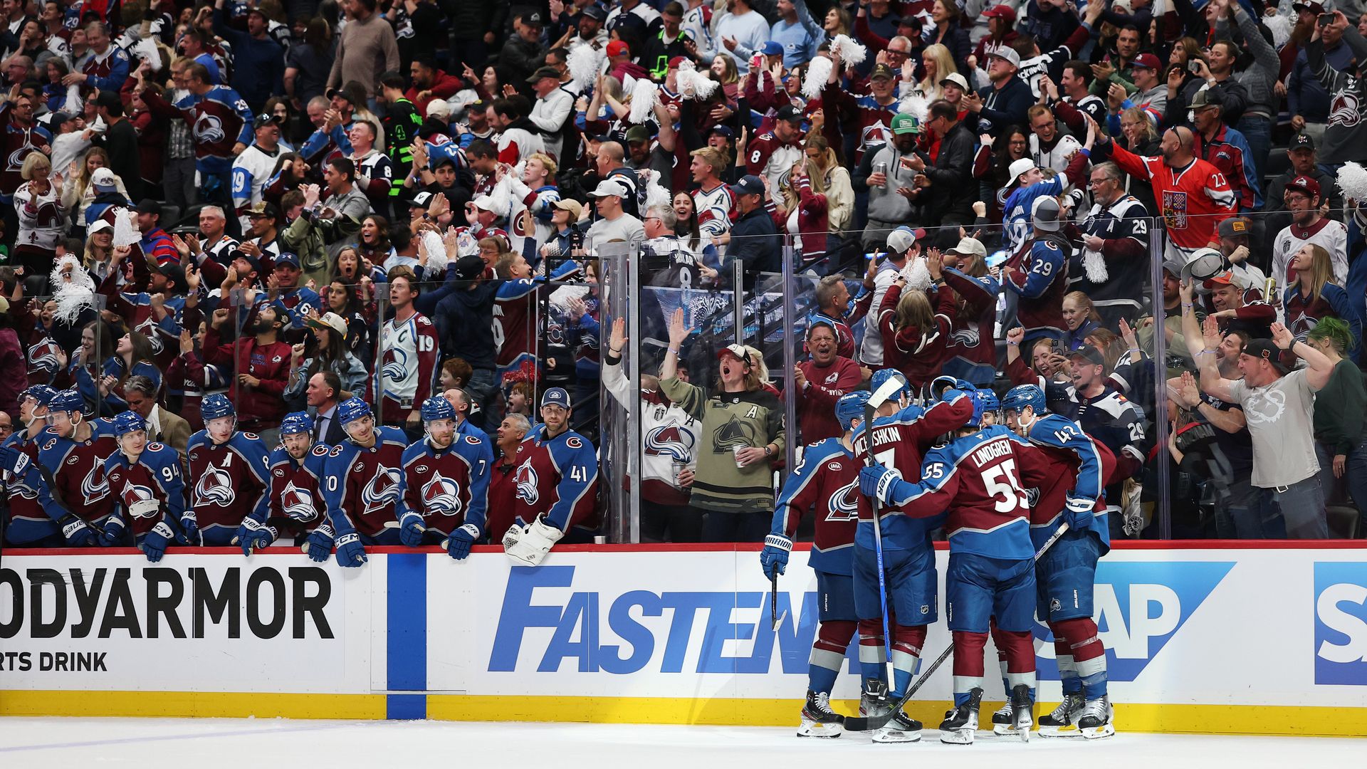 The Colorado Avalanche celebrate a goal during the third quarter against the Dallas Stars at Ball Arena on Thursday in Denver. Photo: Matthew Stockman/Getty Images