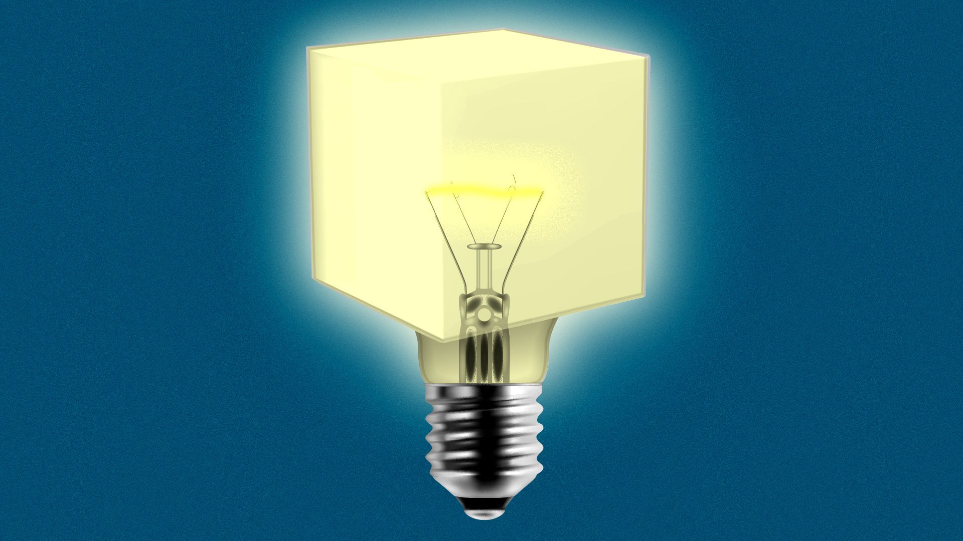 Illustration of a lit lightbulb with glass shaped like a cube