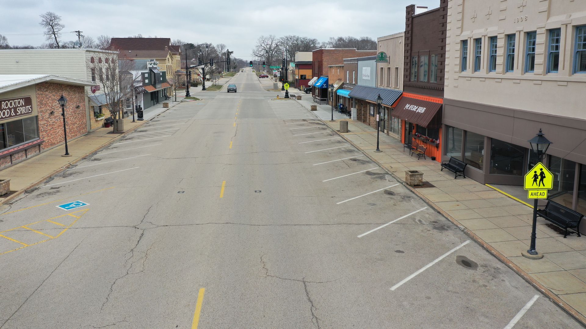 A deserted downtown in Rockton, Illinois.