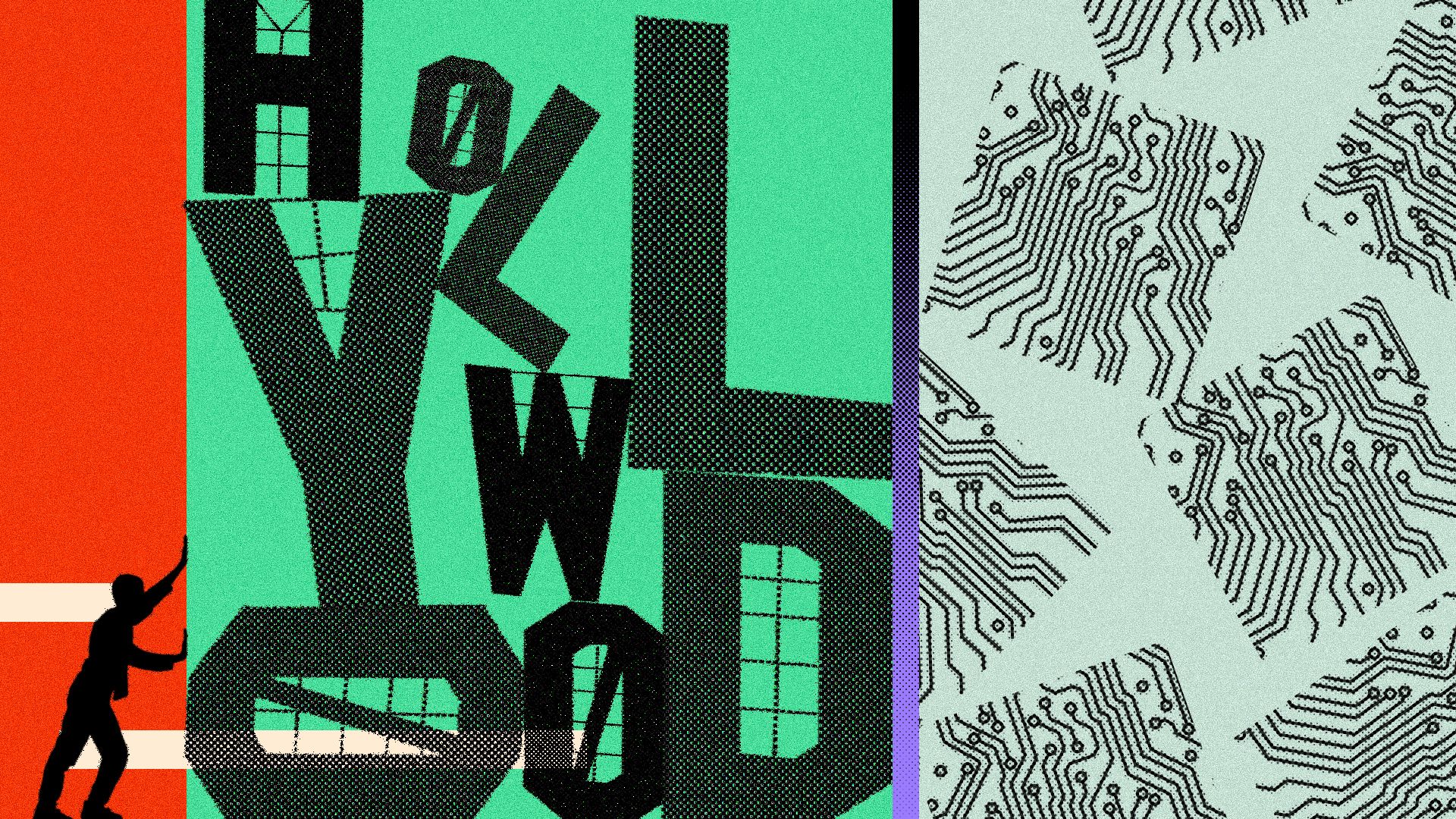 Illustrated collage of an image split into uneven grunge squares. In the smallest square a silhouetted person is pushing against a larger square that has the Hollywood sign letters all jumbled up with binary zeros,  and the last square contains smaller squares of circuit patterns.