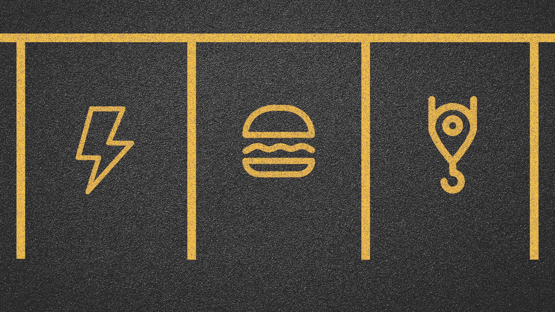 Illustration of parking spaces with food, electricity, and building symbols on the ground