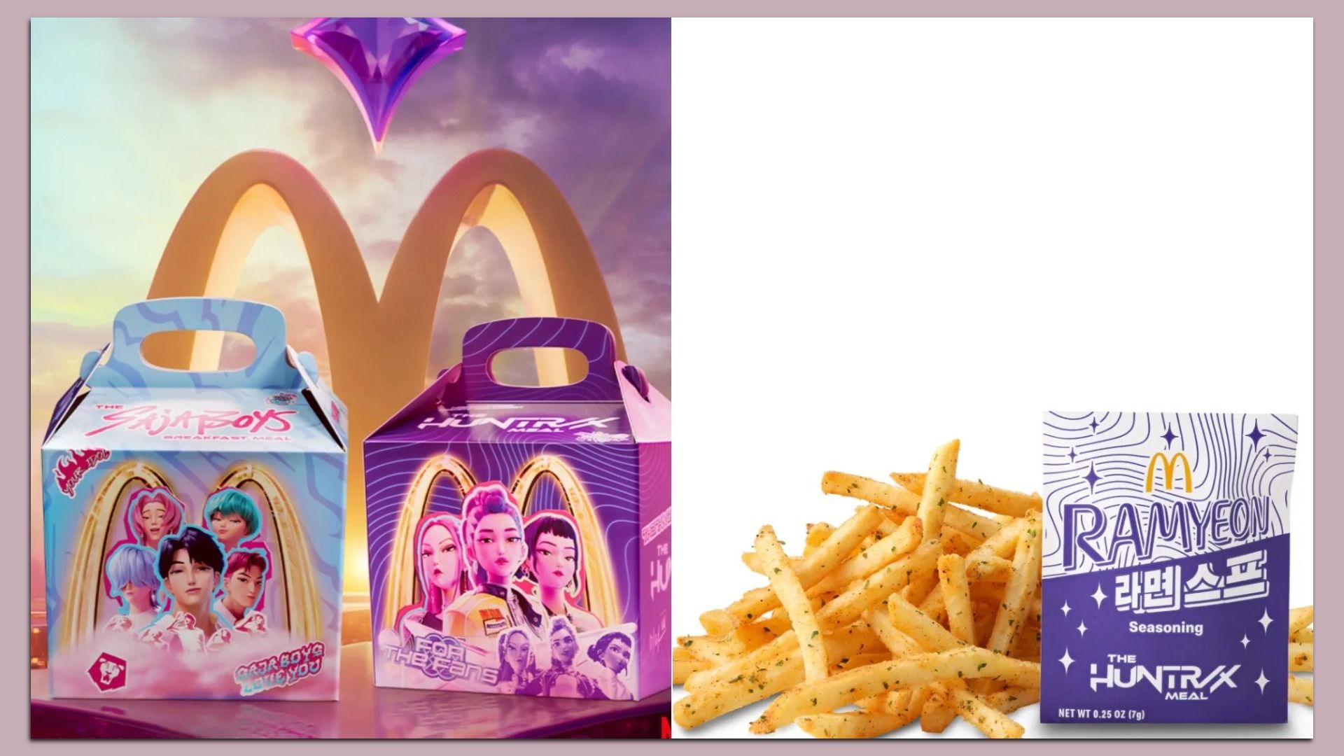 Two colorful McDonald's Happy Meal boxes with K-pop group artwork sit in front of a large golden arches logo; to the right are fries and a purple RAMYEON seasoning box.