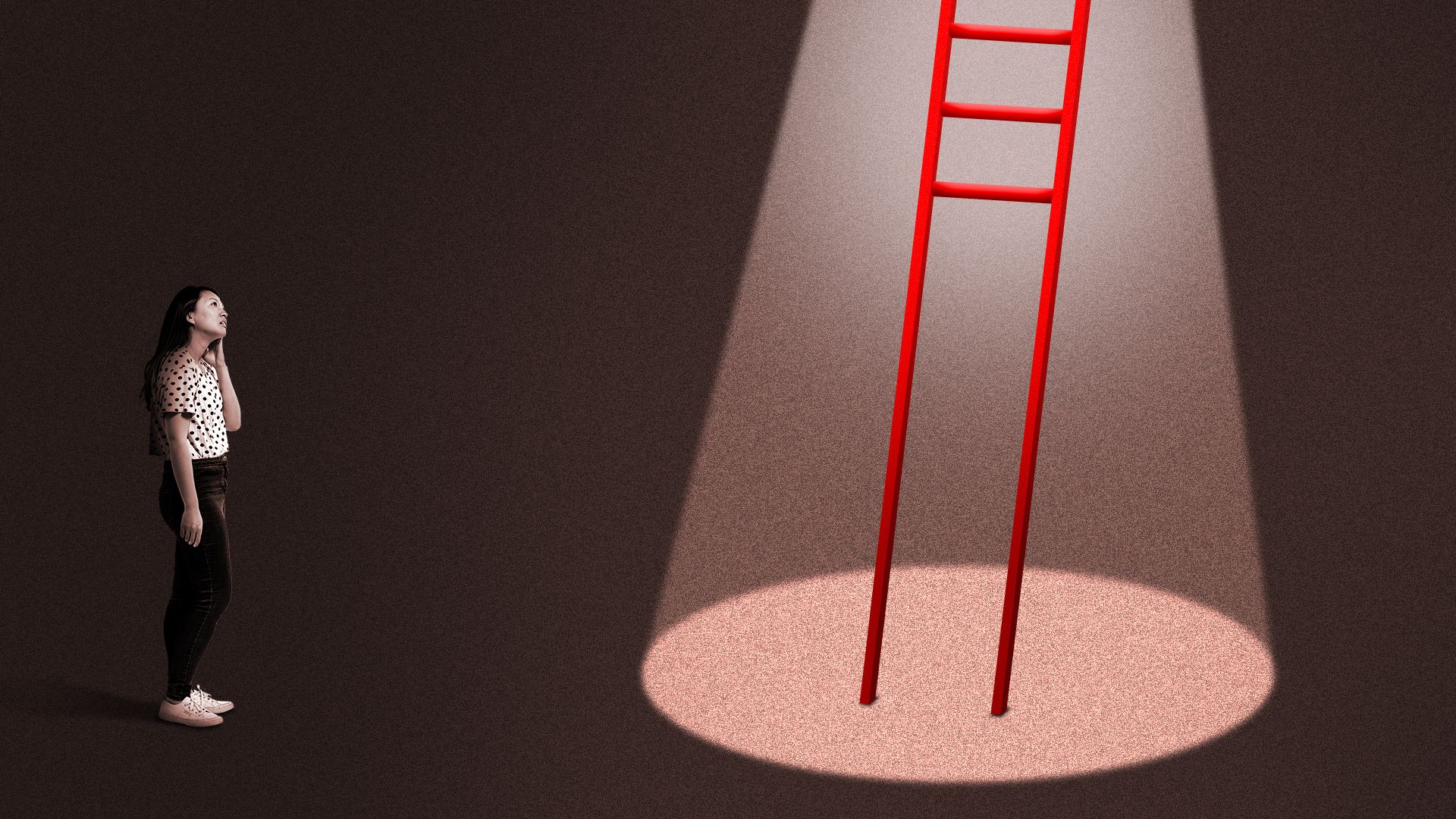 Illustration of a young woman looking up at a ladder with missing rungs