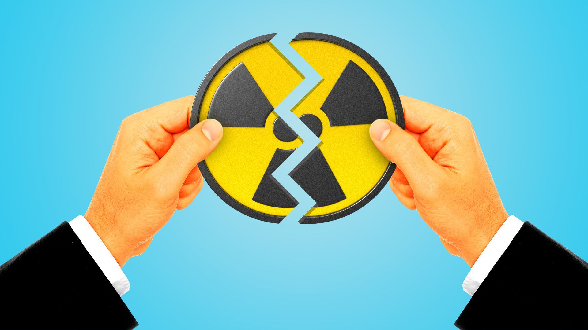 Illustration of two hands with matching pieces of a nuclear symbol.