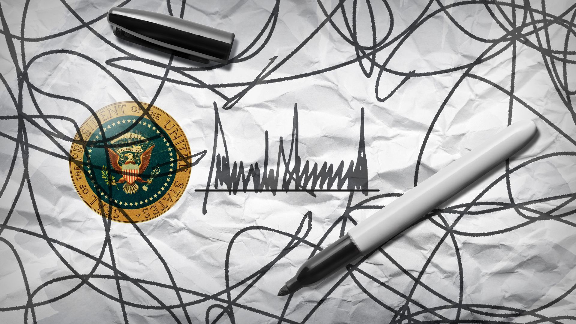 Illustration of President Trump's signature on a crumpled paper surrounded by scribbles, the Presidential seal, and a sharpie