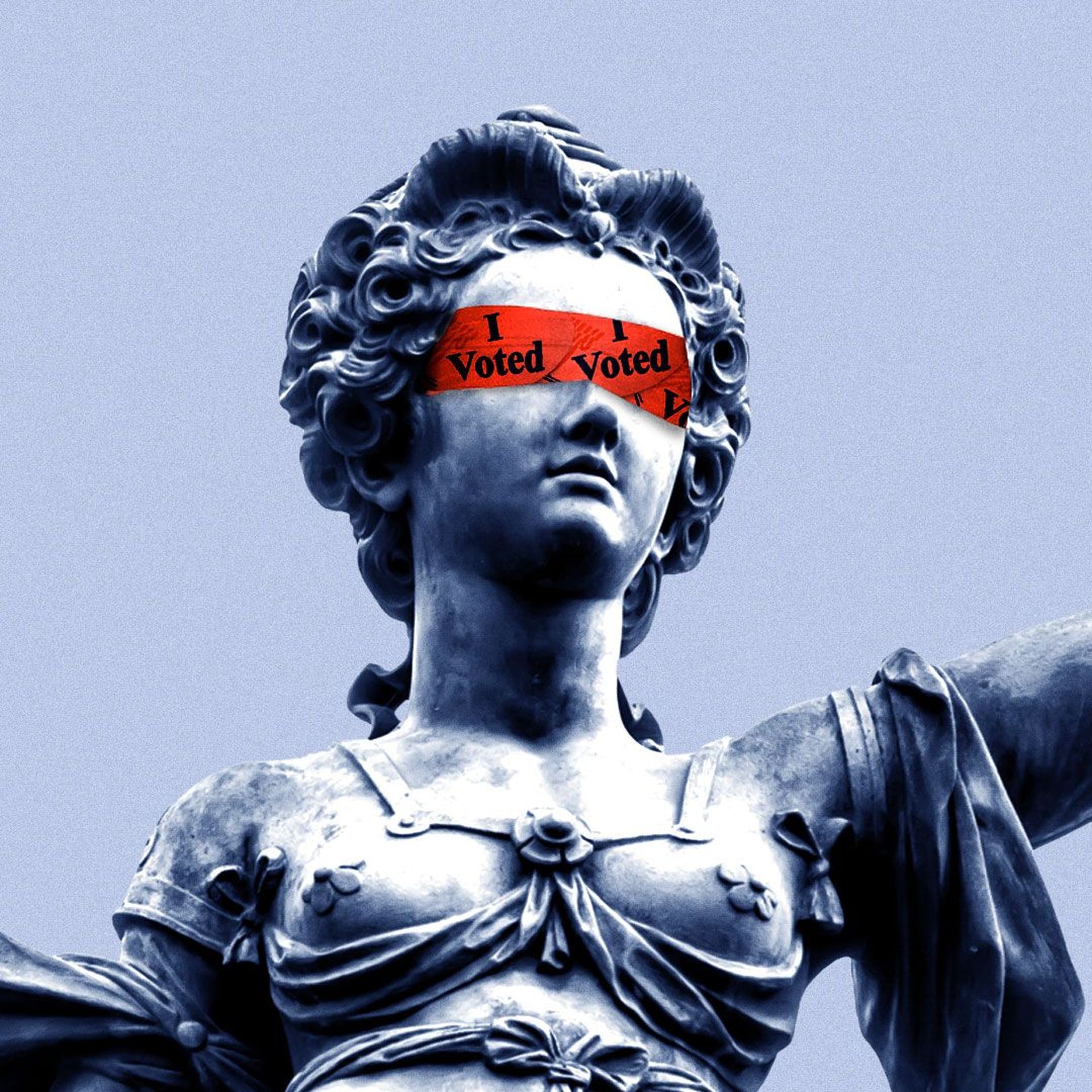 Illustration of lady justice with an “I voted” stickers blindfold over her eyes