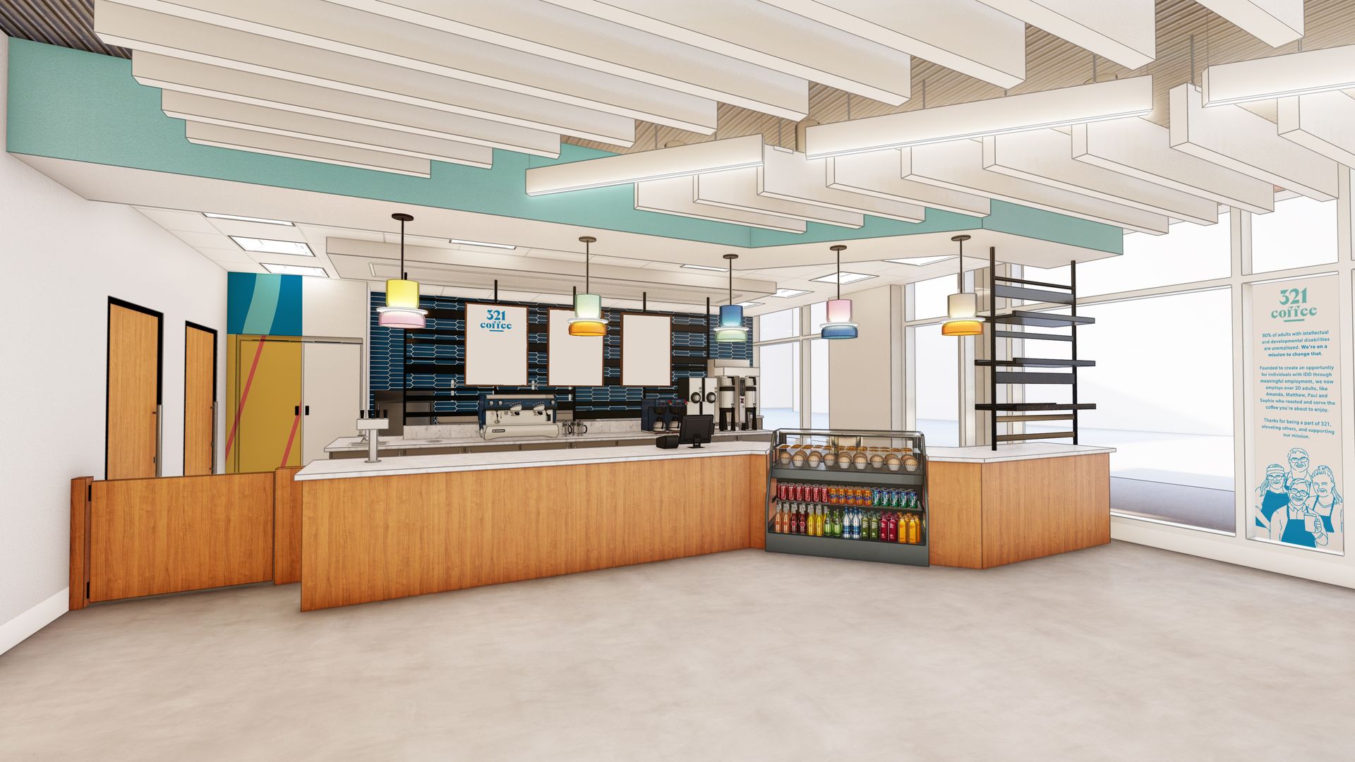 A graphic rendering of 321 Coffee's shop in Durham's 300 Morris building. 