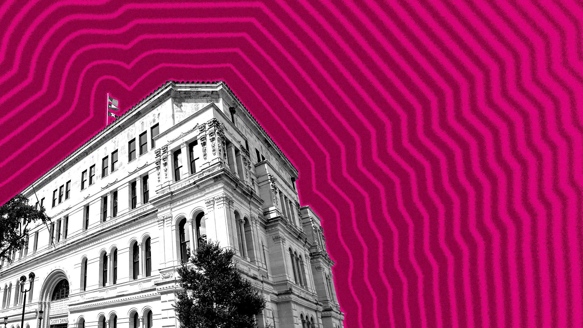 Photo illustration of the San Antonio city hall with lines radiating from it.