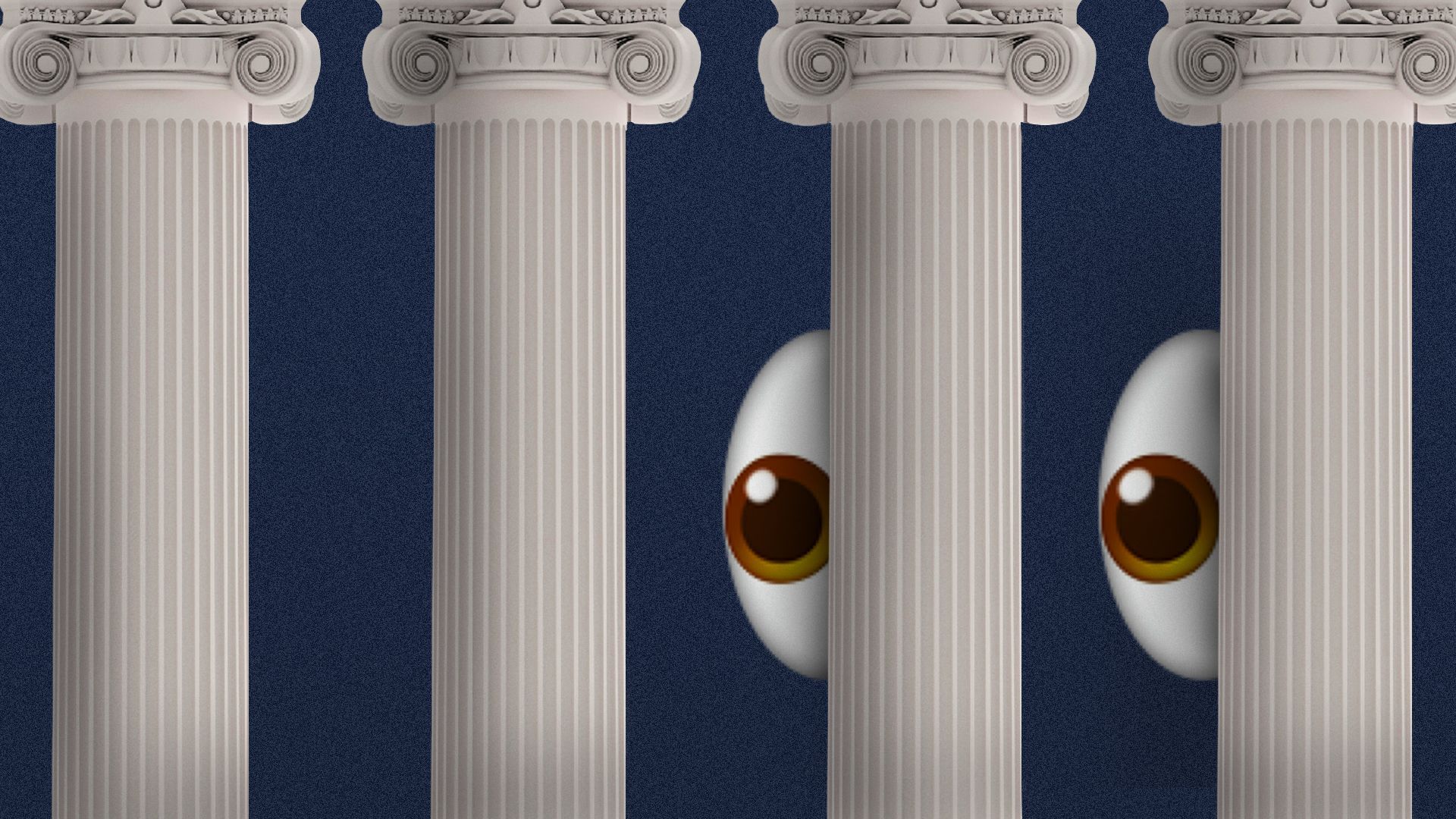 emoji eyes peeking out from behind roman columns
