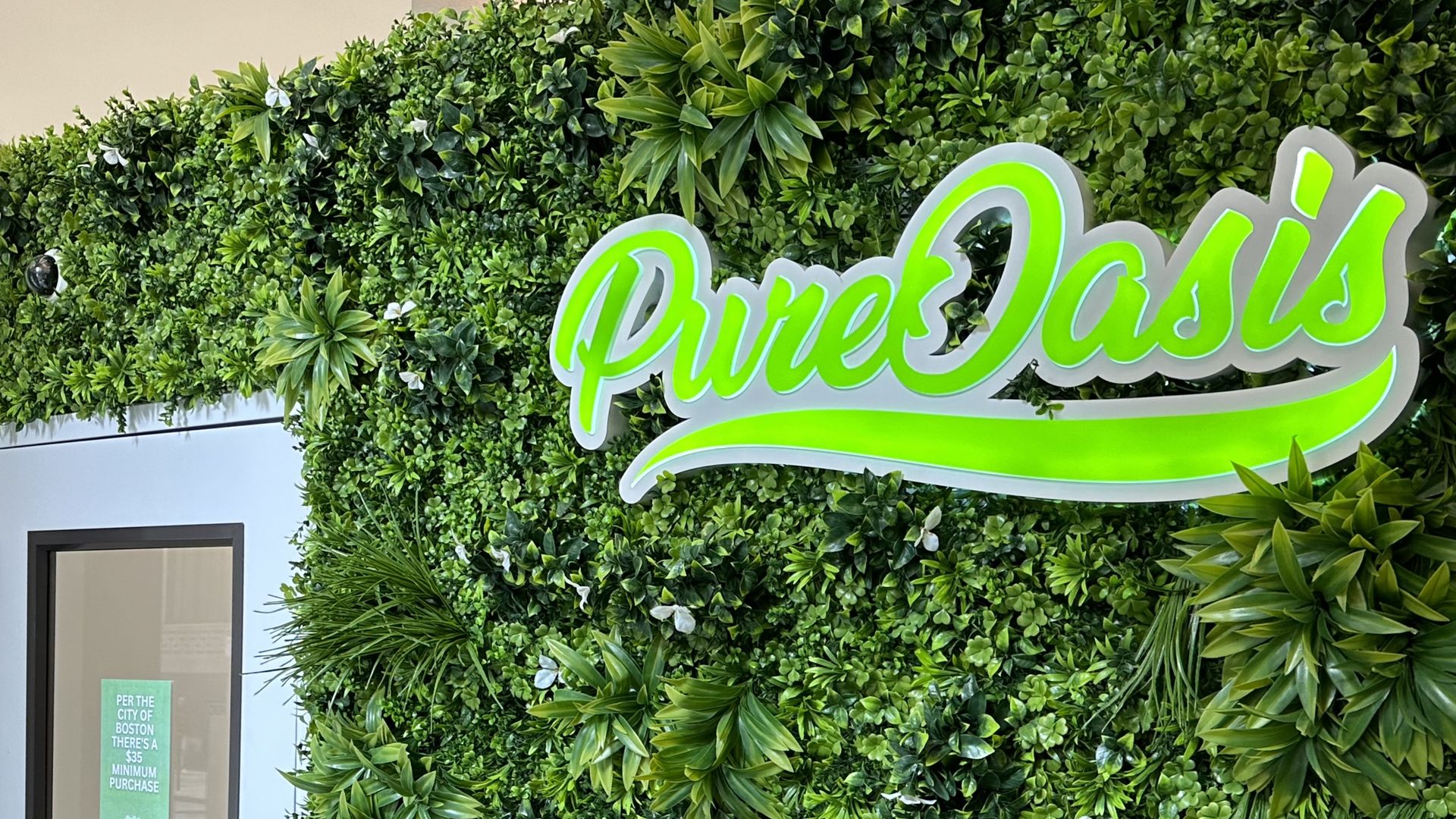 A lime-green Pure Oasis sign hangs on a lush, green wall with artificial plants at the entrance. To the left is the door to enter.