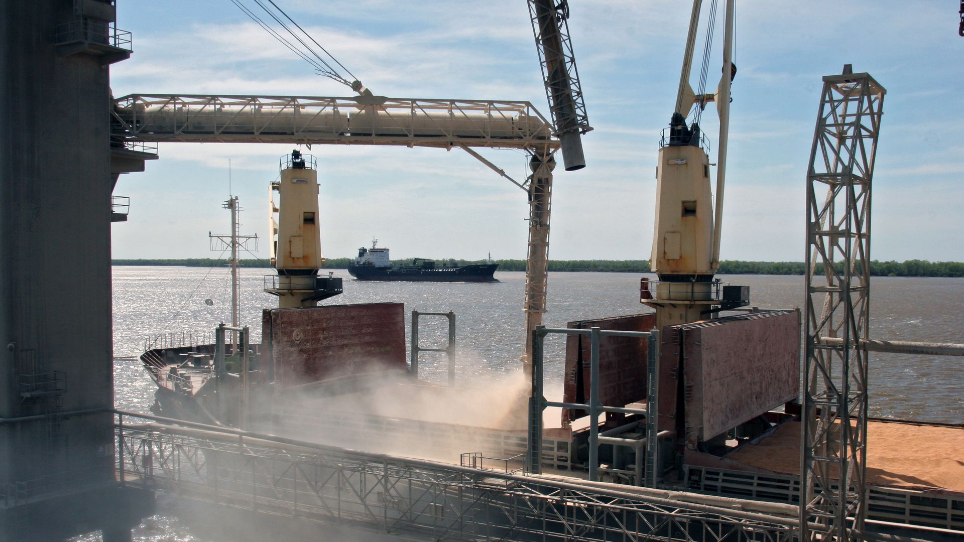 Soybeans being loaded onto a ship