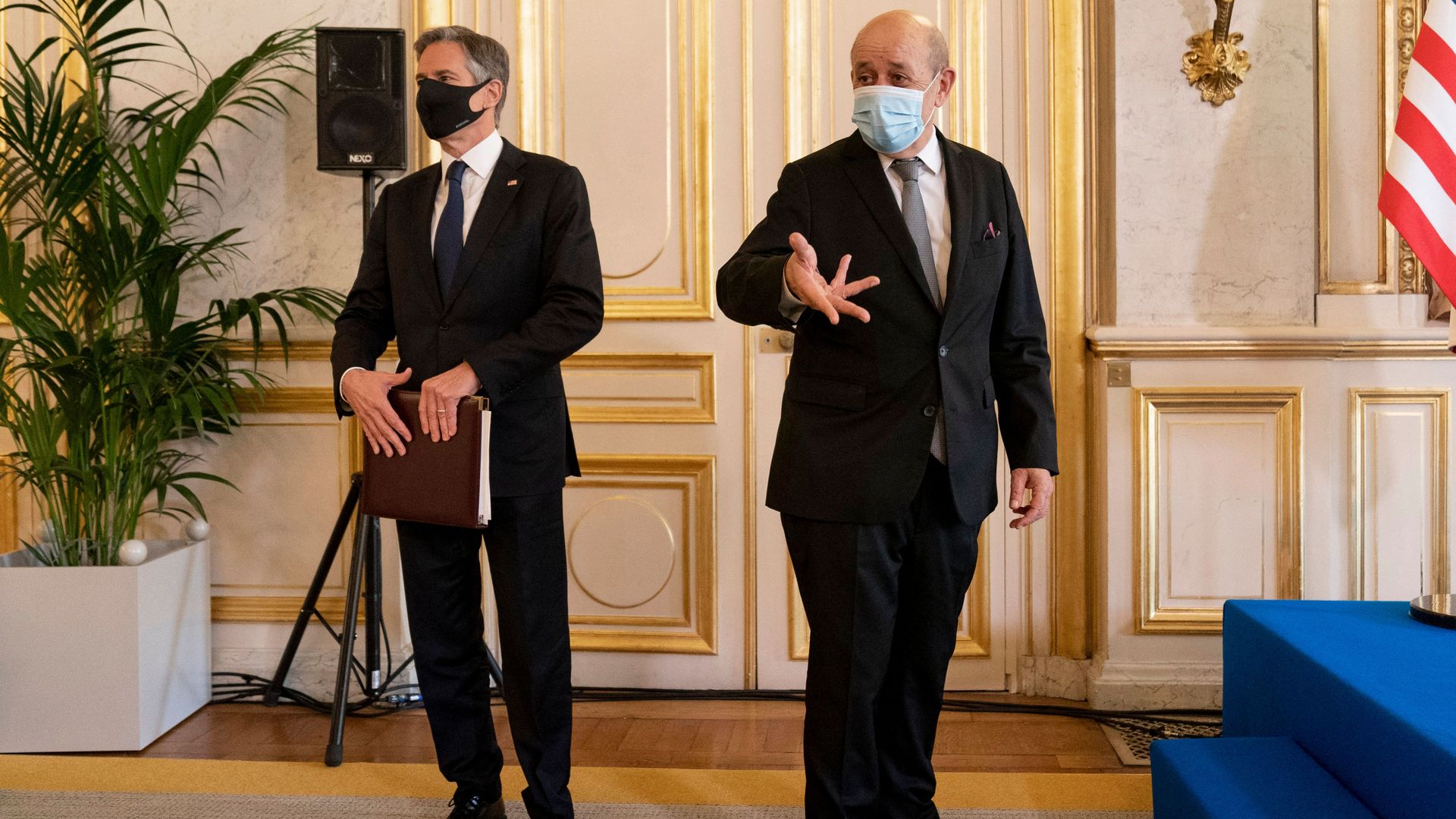 Secretary of State Antony Blinken (left) and French Foreign Affairs Minister Jean-Yves Le Drian arrive at joint press conference in June 2021.