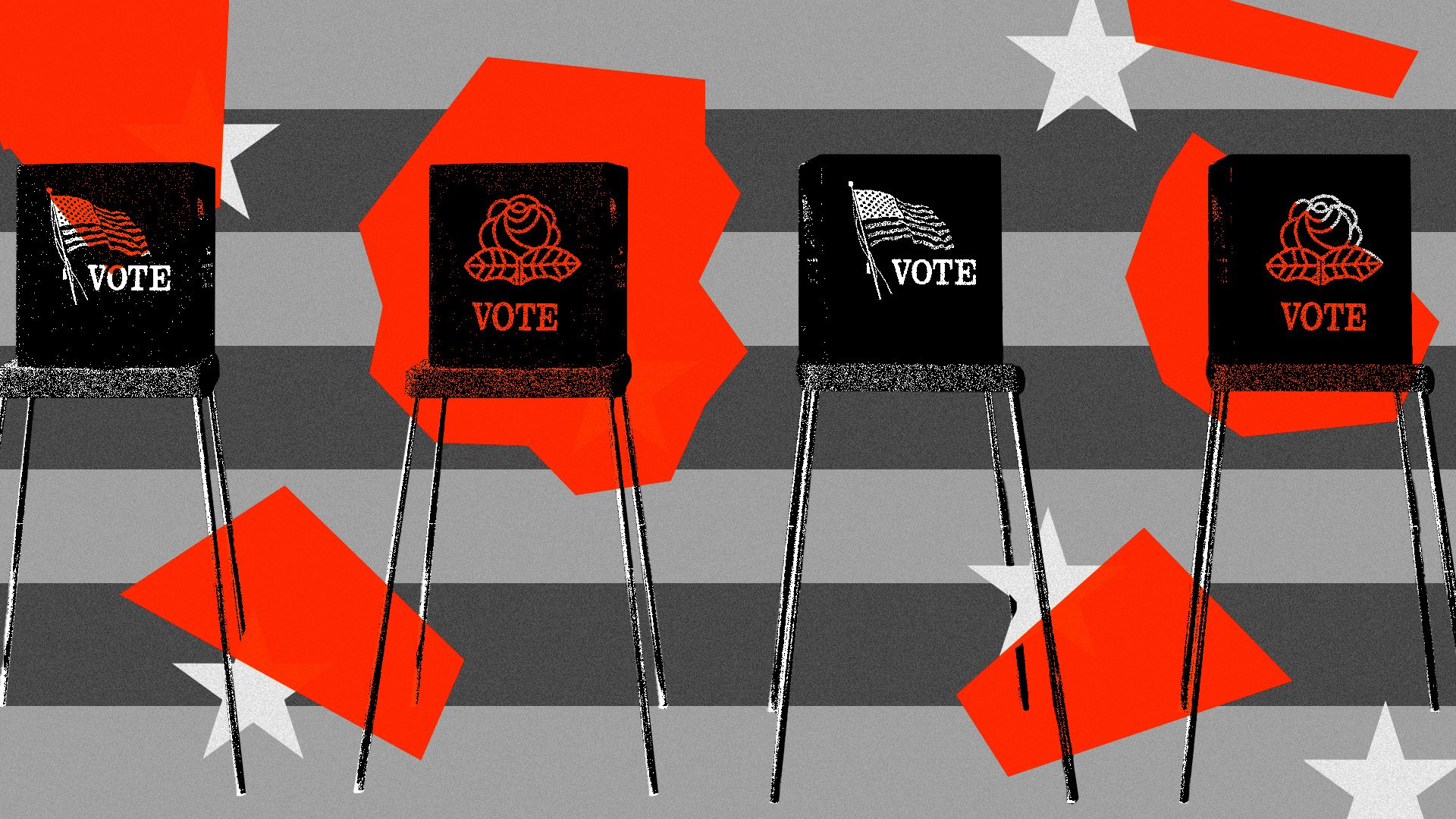 Illustrated collage of a pattern of voting booths with two showing the regular flag and two showing the DSA rose, the entire composition is overlaid with stripes and abstract shapes.