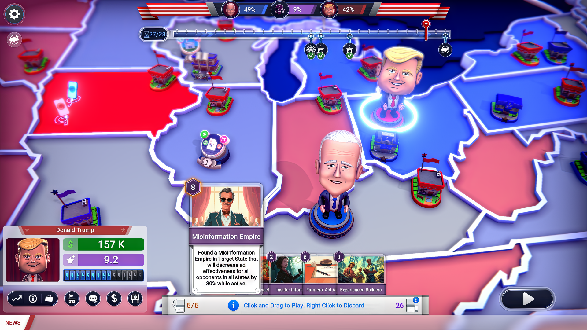 A screenshot of the game with states illuminated and bobbleheads of Biden and Trump smiling.