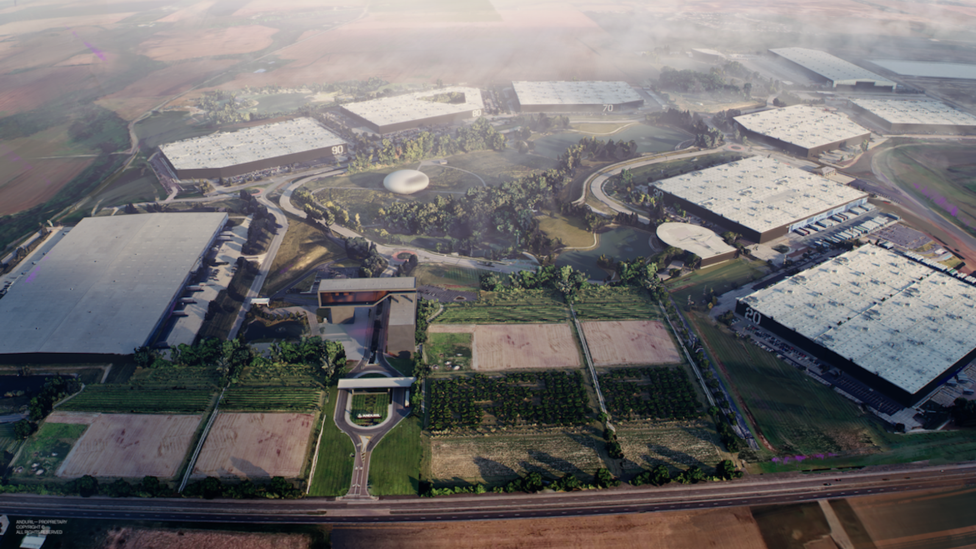 A rendering of the eventual "Arsenal-1" autonomous weapons plant with many buildings drawn.