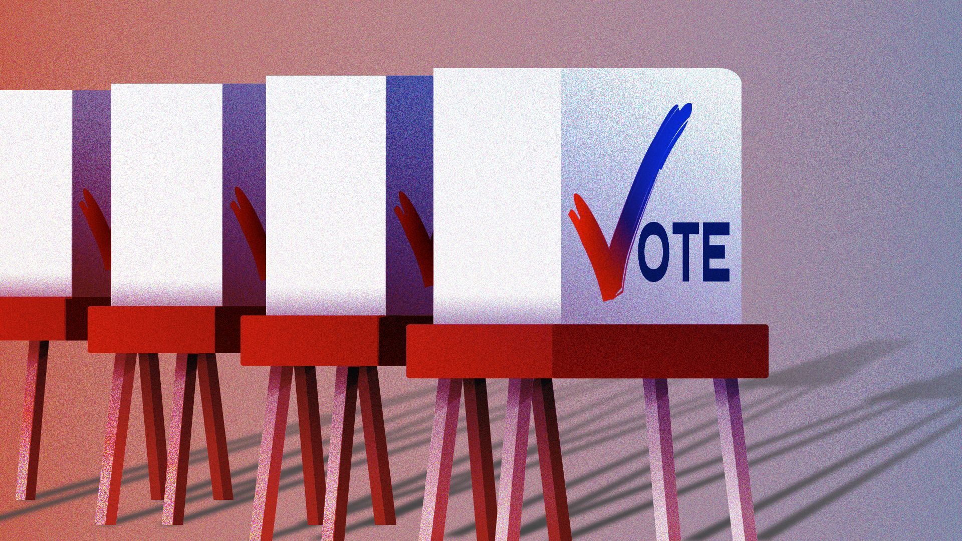 Illustration of a row of voting booths casting long shadows, the side of the booth reads "VOTE" with a checkmark as the V.