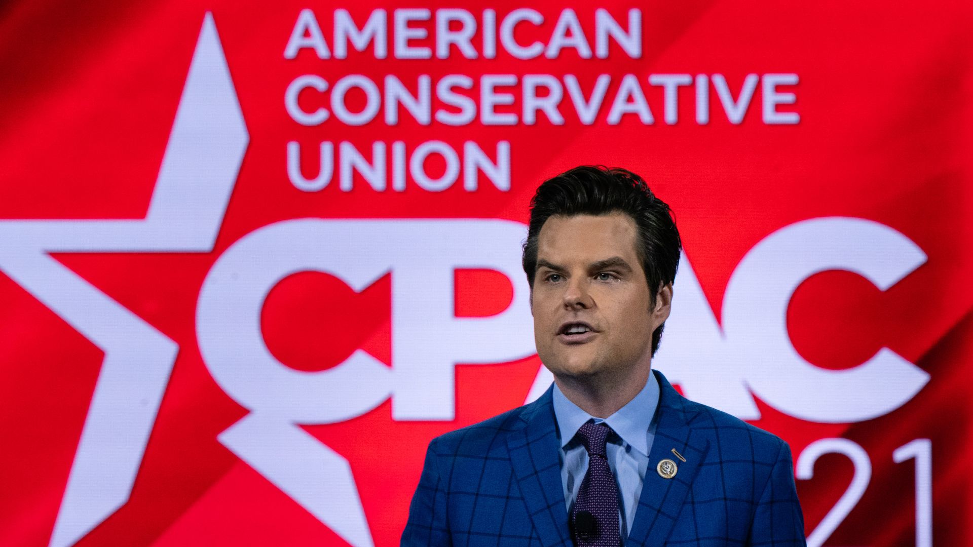 Rep. Matt Gaetz, a Republican from Florida, speaks during CPAC in Orlando, Florida, on Feb. 26, 2021