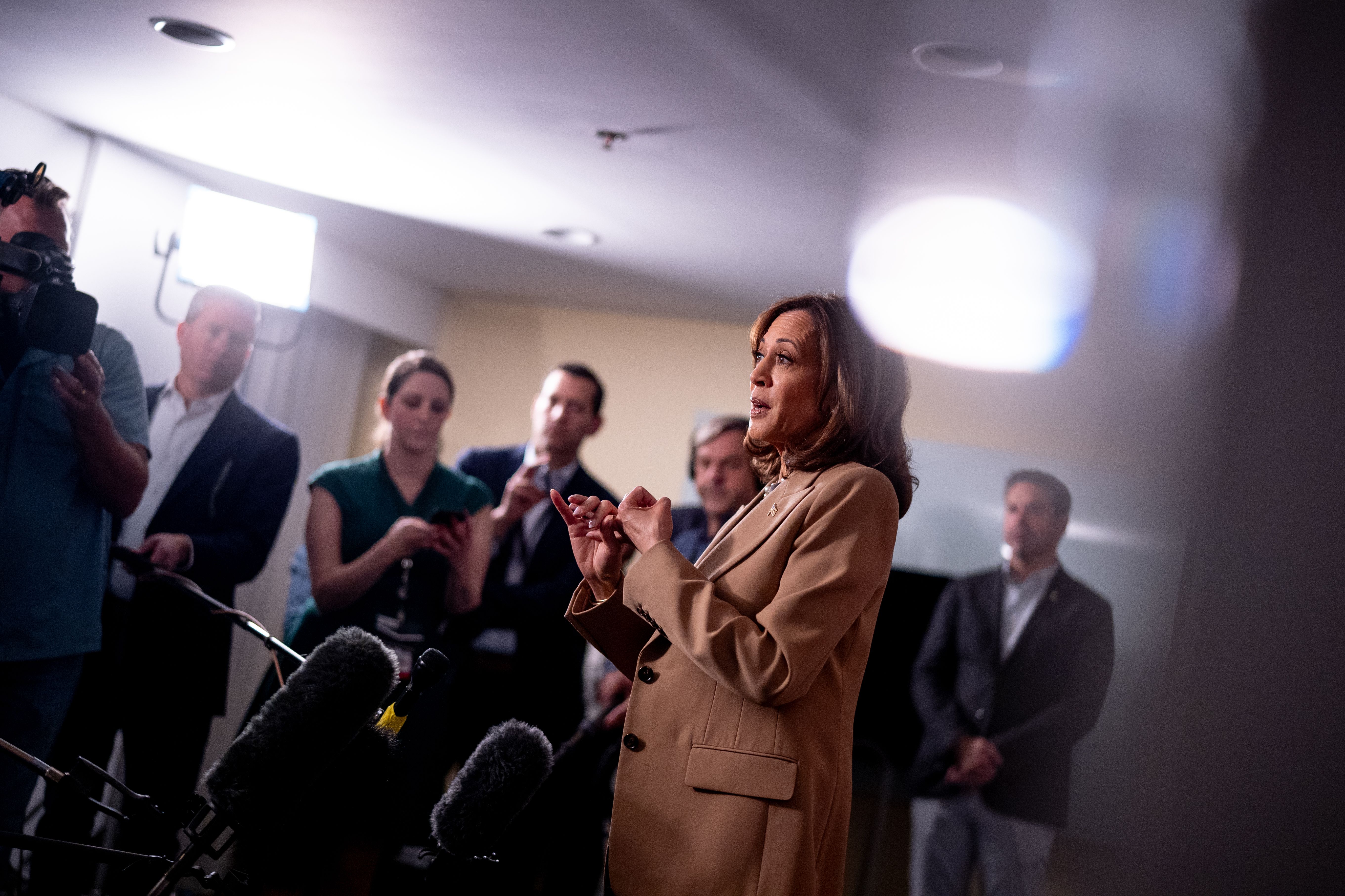 PHILADELPHIA, PENNSYLVANIA - OCTOBER 23: Democratic presidential candidate, U.S. Vice President Kamala Harris speaks to members of the media at The Warwick Hotel on October 24, 2024 in Philadelphia, Pennsylvania. With less than two weeks until Election Day, Harris will travel from Philadelphia to Ho
