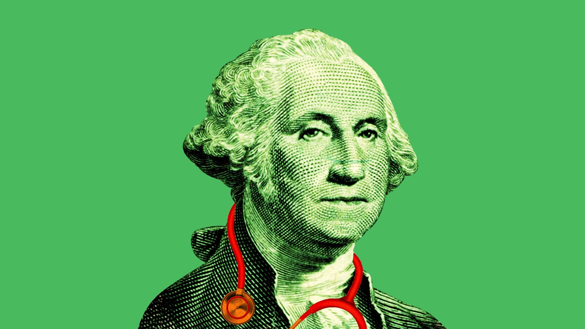 In this illustration, a green George Washington, as depicted on the one dollar bill, holds a red stethoscope around his neck.