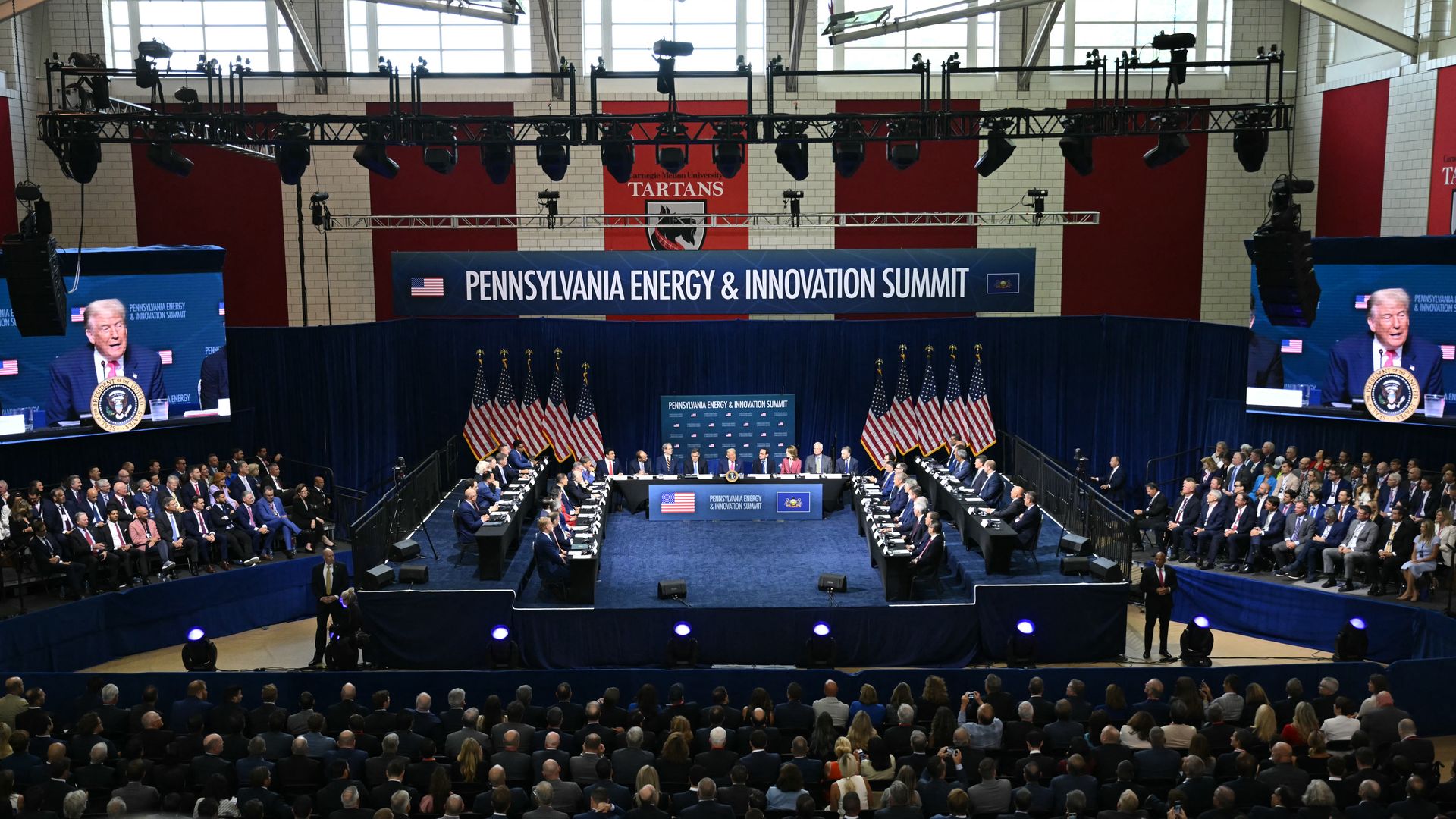 US President Donald Trump (C) speaks at the Pennsylvania Energy and Innovation Summit on the campus of Carnegie Mellon University in Pittsburgh, Pennsylvania on July 15, 2025. (Photo by ANDREW CABALLERO-REYNOLDS / AFP) (Photo by ANDREW CABALLERO-REYNOLDS/AFP via Getty Images)