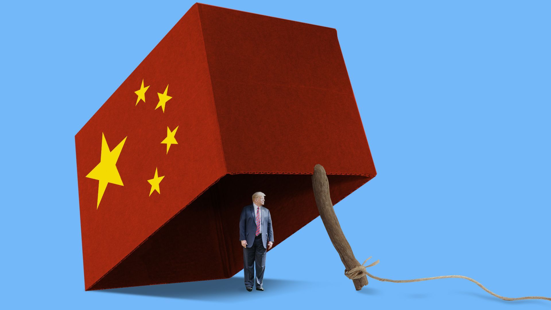 An illustration of Trump standing beneath a Chinese box propped up by a branch