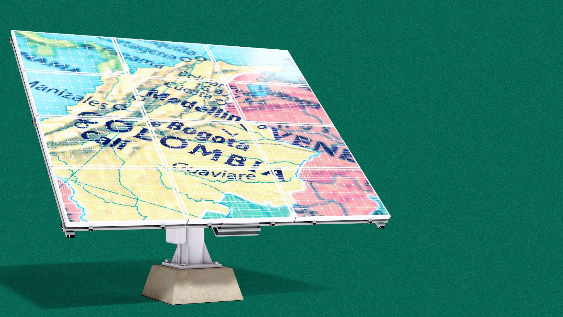 Illustration of a solar panel with a map of Colombia overlayed.