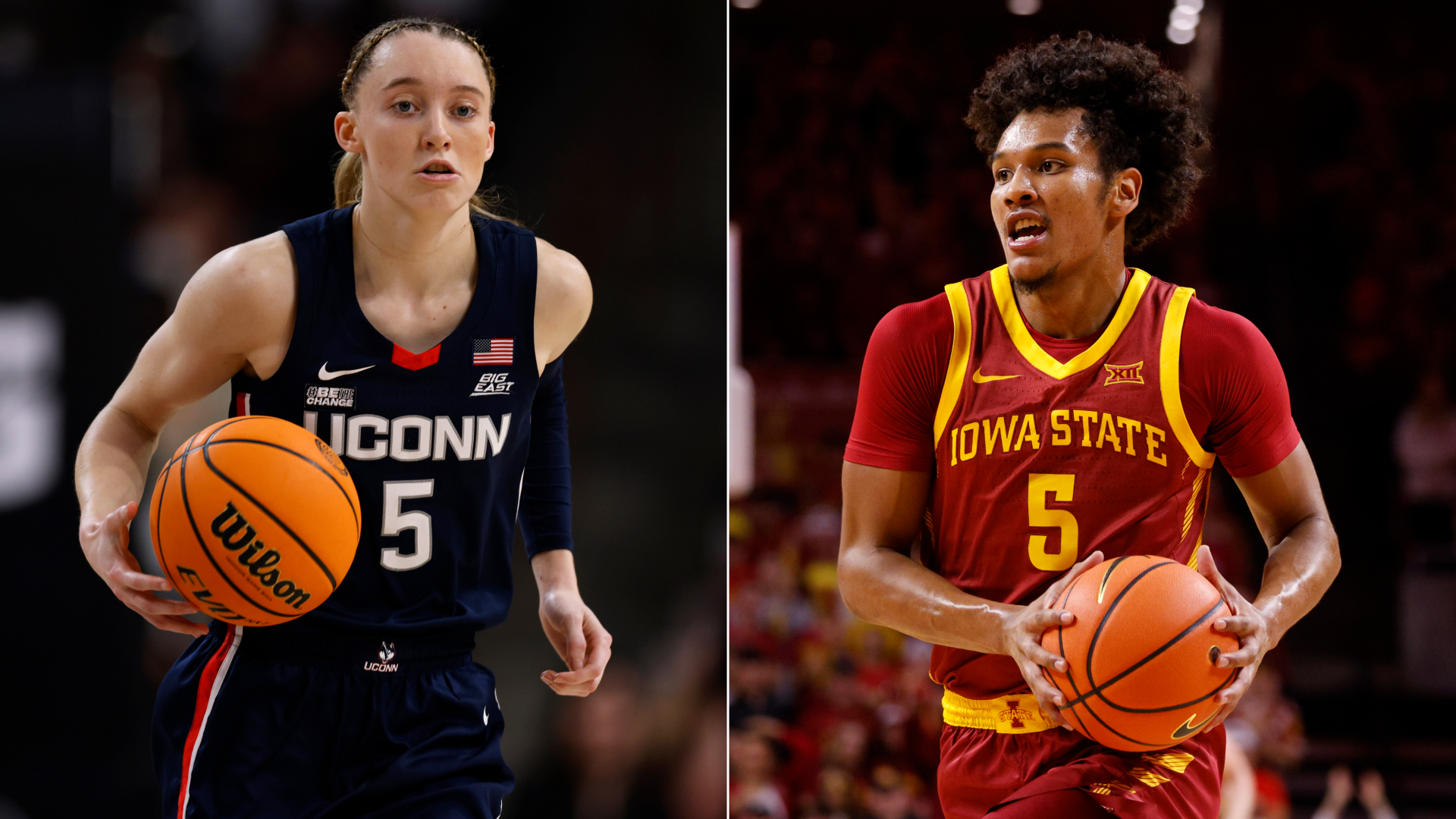 Paige Bueckers dribbling a basketball on the left, Curtis Jones dribbling a basketball on the right