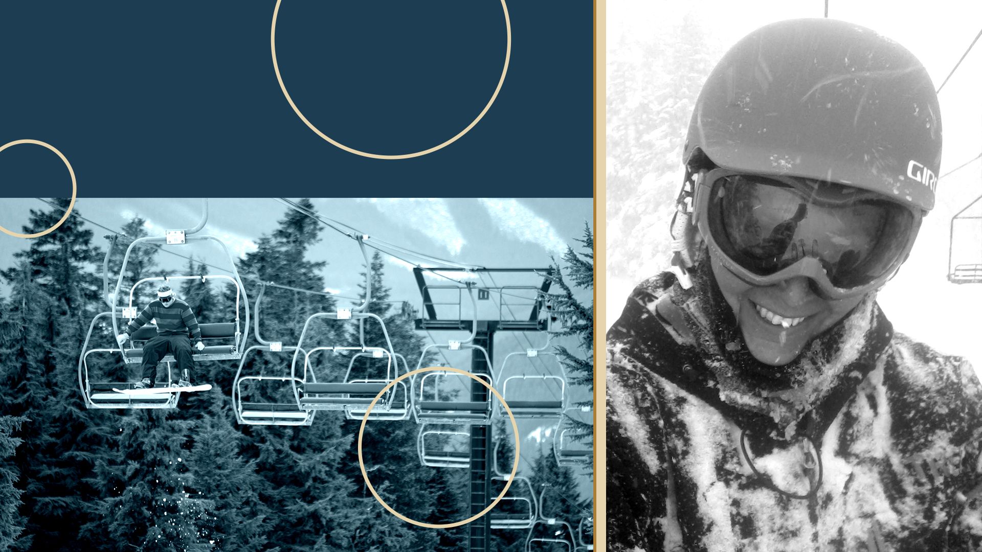 Photo illustration of Temira Lital collaged with a photo of a ski lift and abstract shapes.