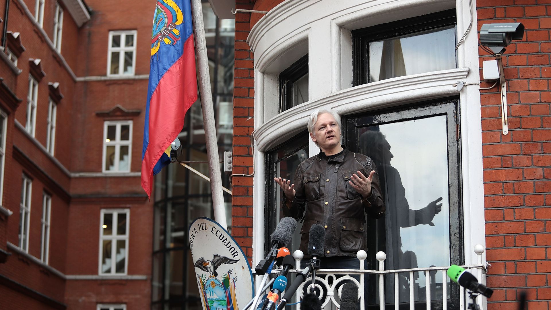 Julian Assange on the balcony of the Ecuadorean Embassy in London