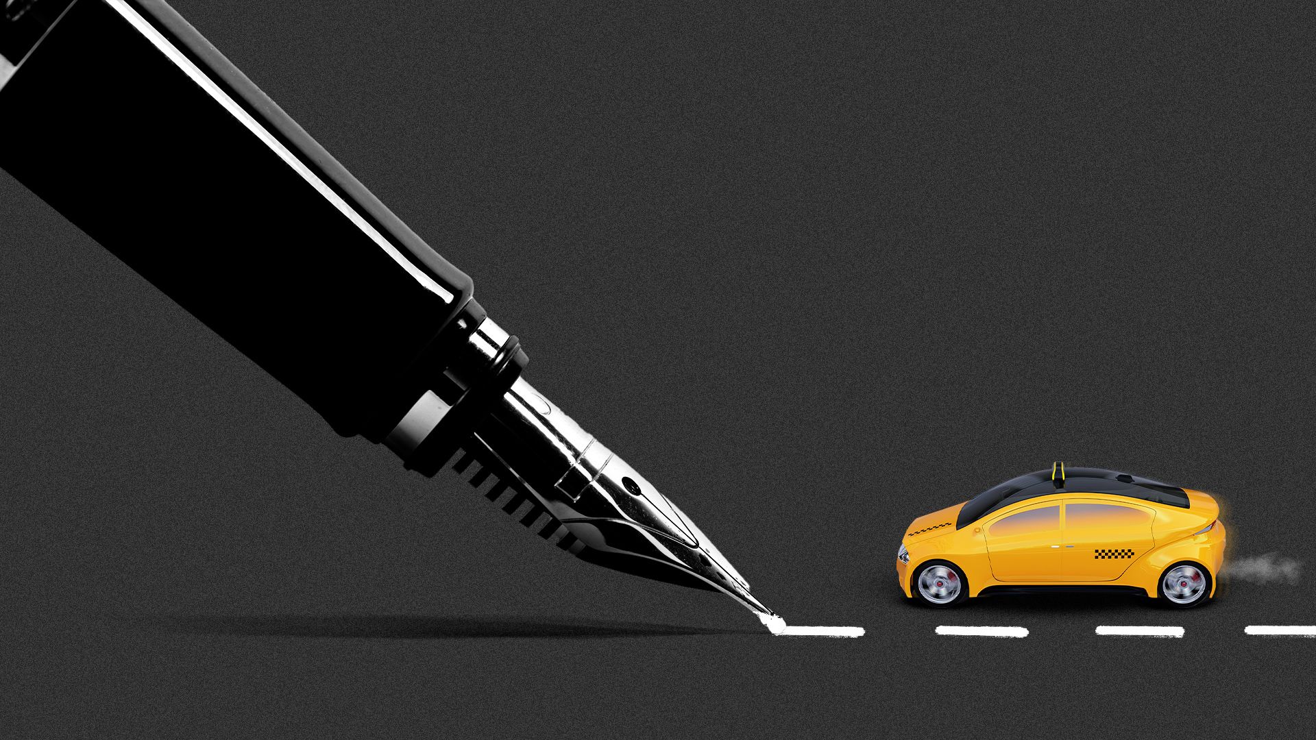 Illustration of a fountain pen drawing street lines in real time as a robotaxi swiftly drives next to it. 