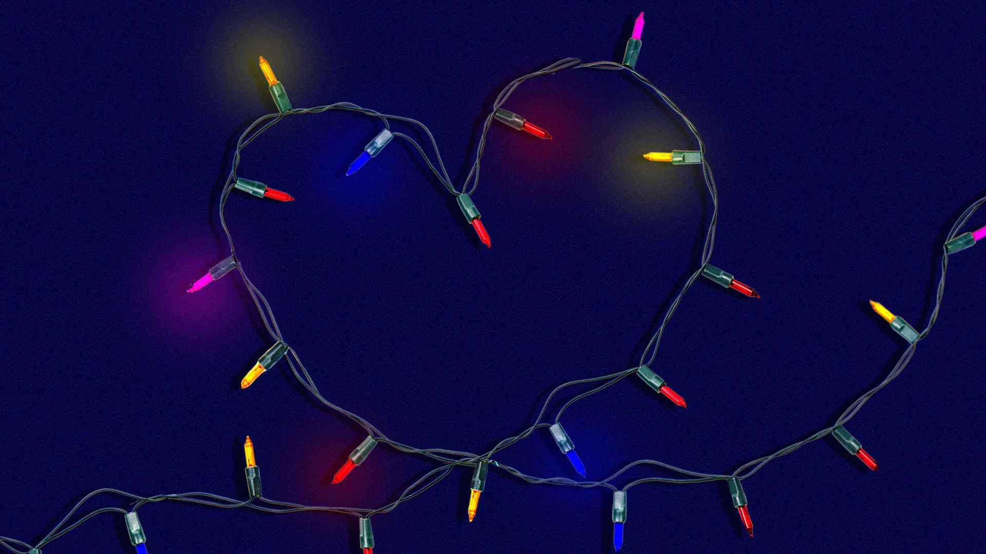 Illustration of holiday string lights in the shape of a heart.