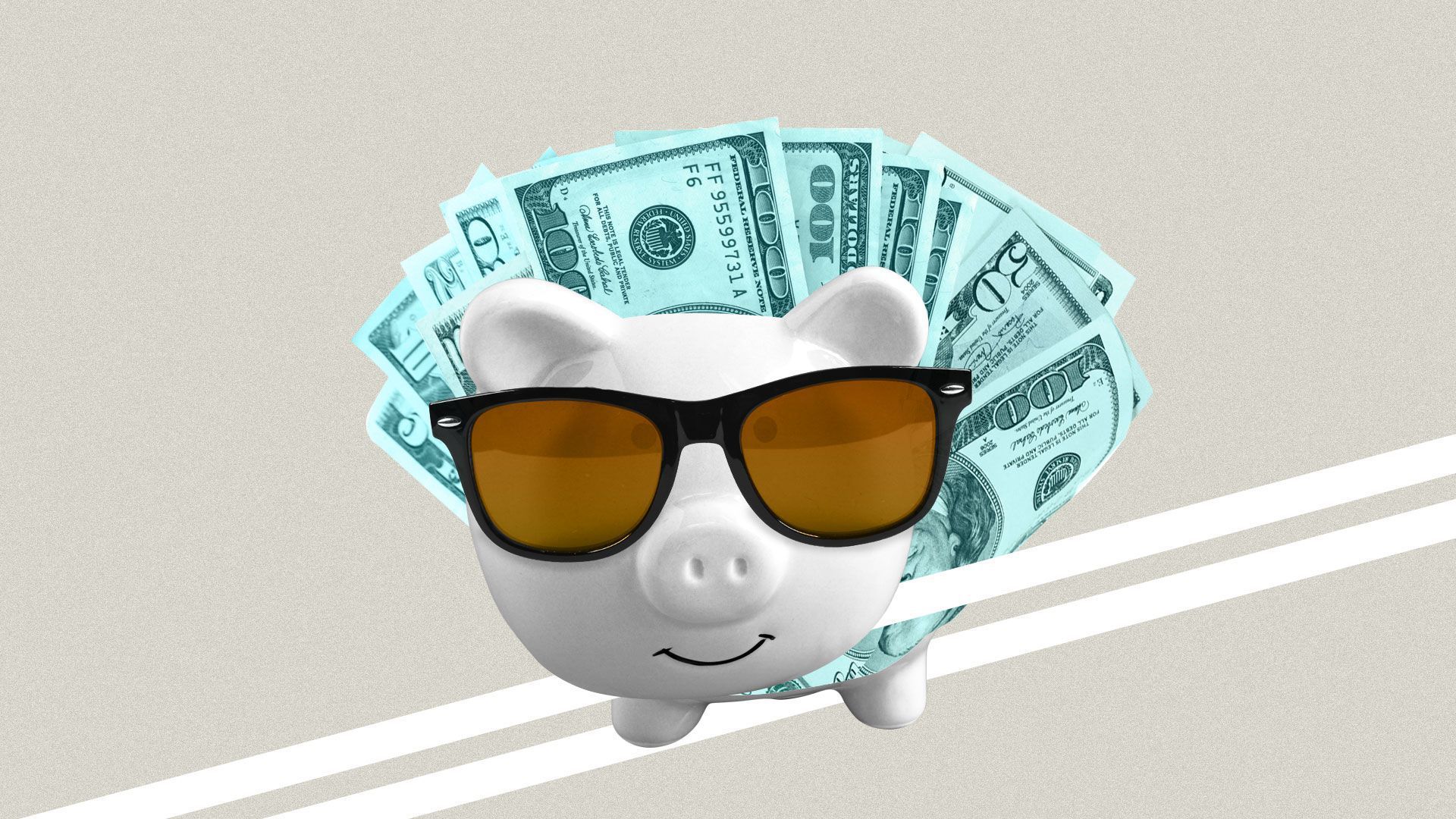 A piggy bank with sunglasses and cash behind it 