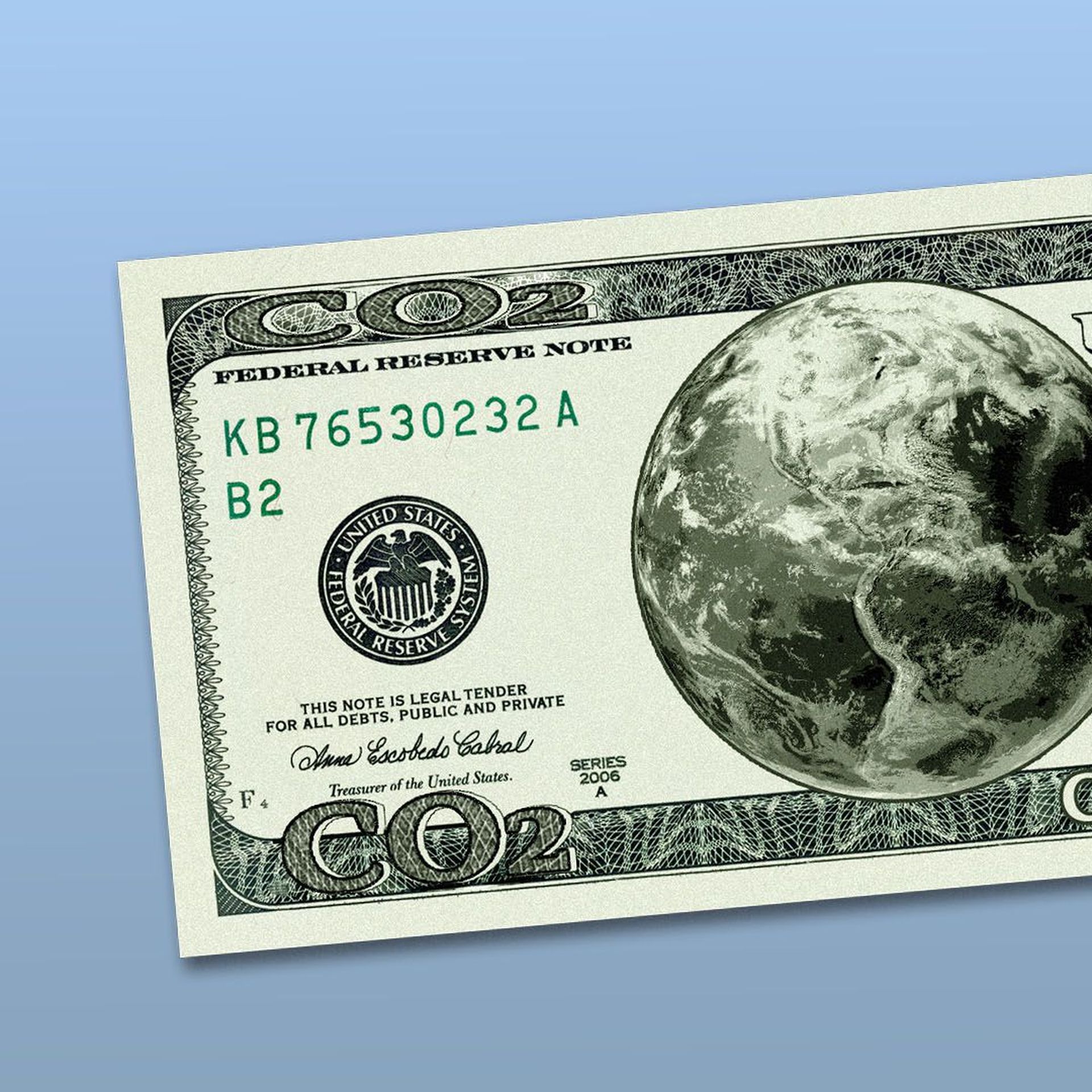 CO2 overlaid on US dollar bill format