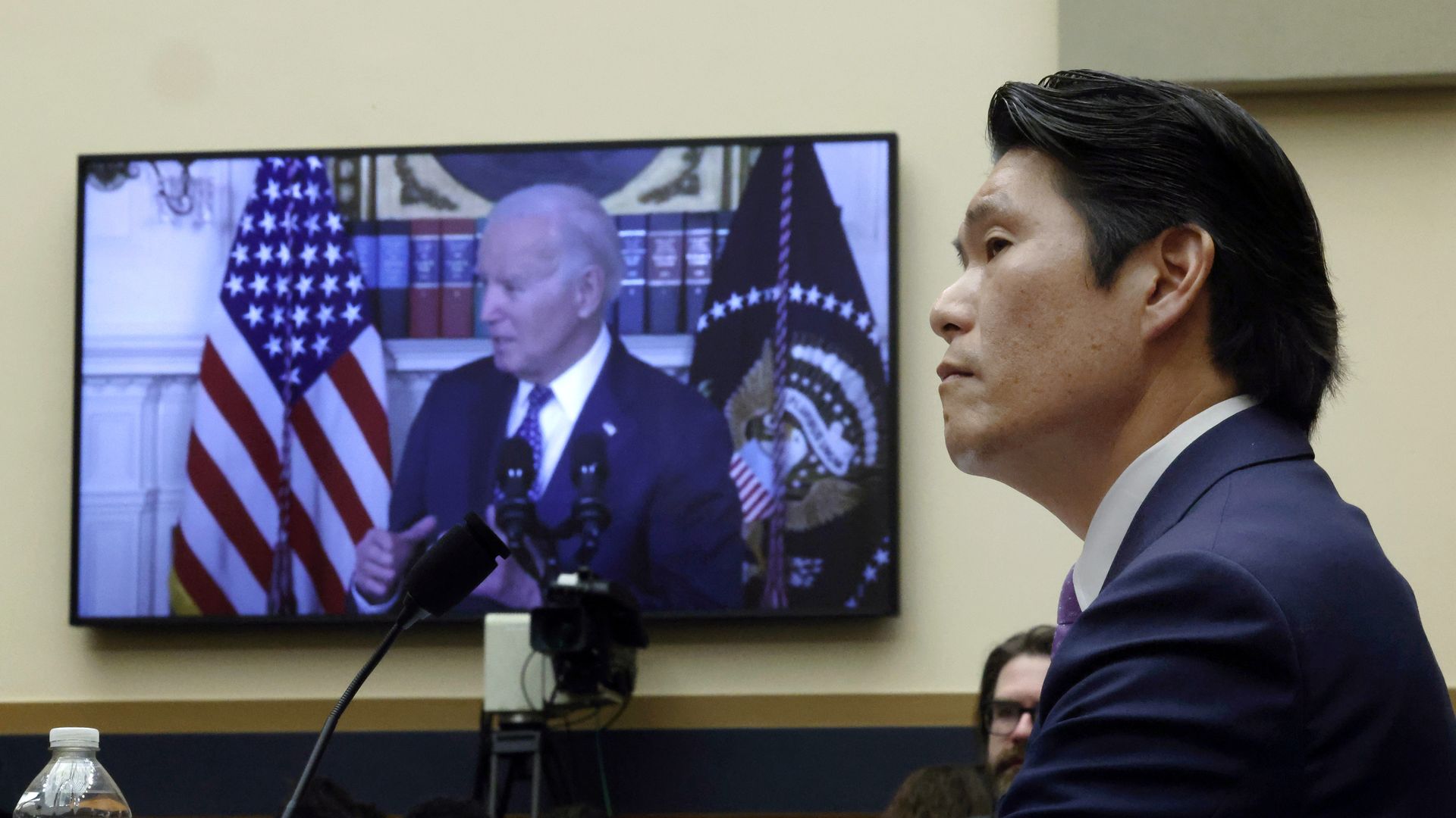 Former Special Counsel Robert K. Hur testifies alongside a video of President Joe Biden before the House Judiciary Committee on March 12, 2024 in Washington, DC. 