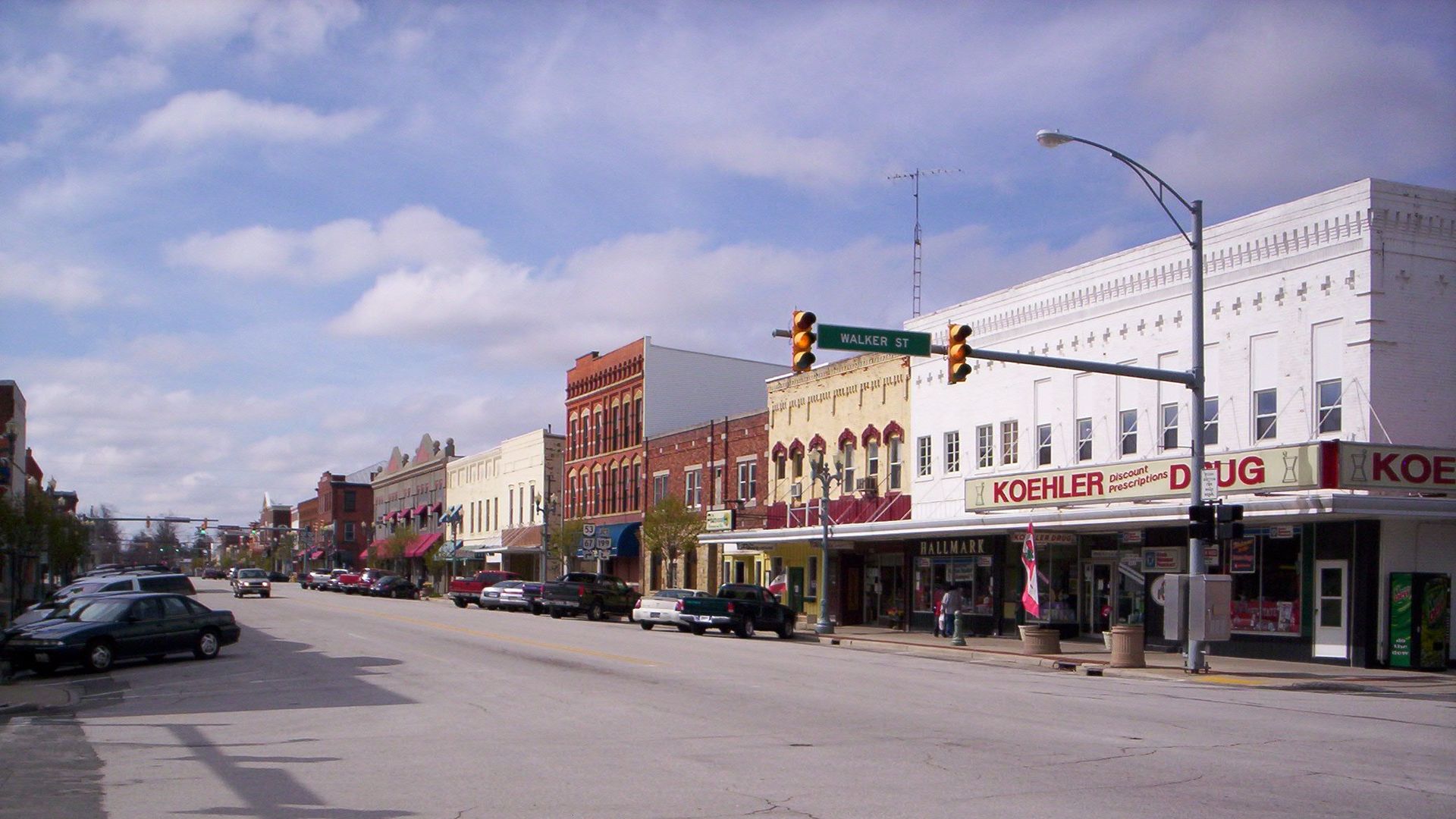 Downtown Upper Sandusky Ohio under blue skies.