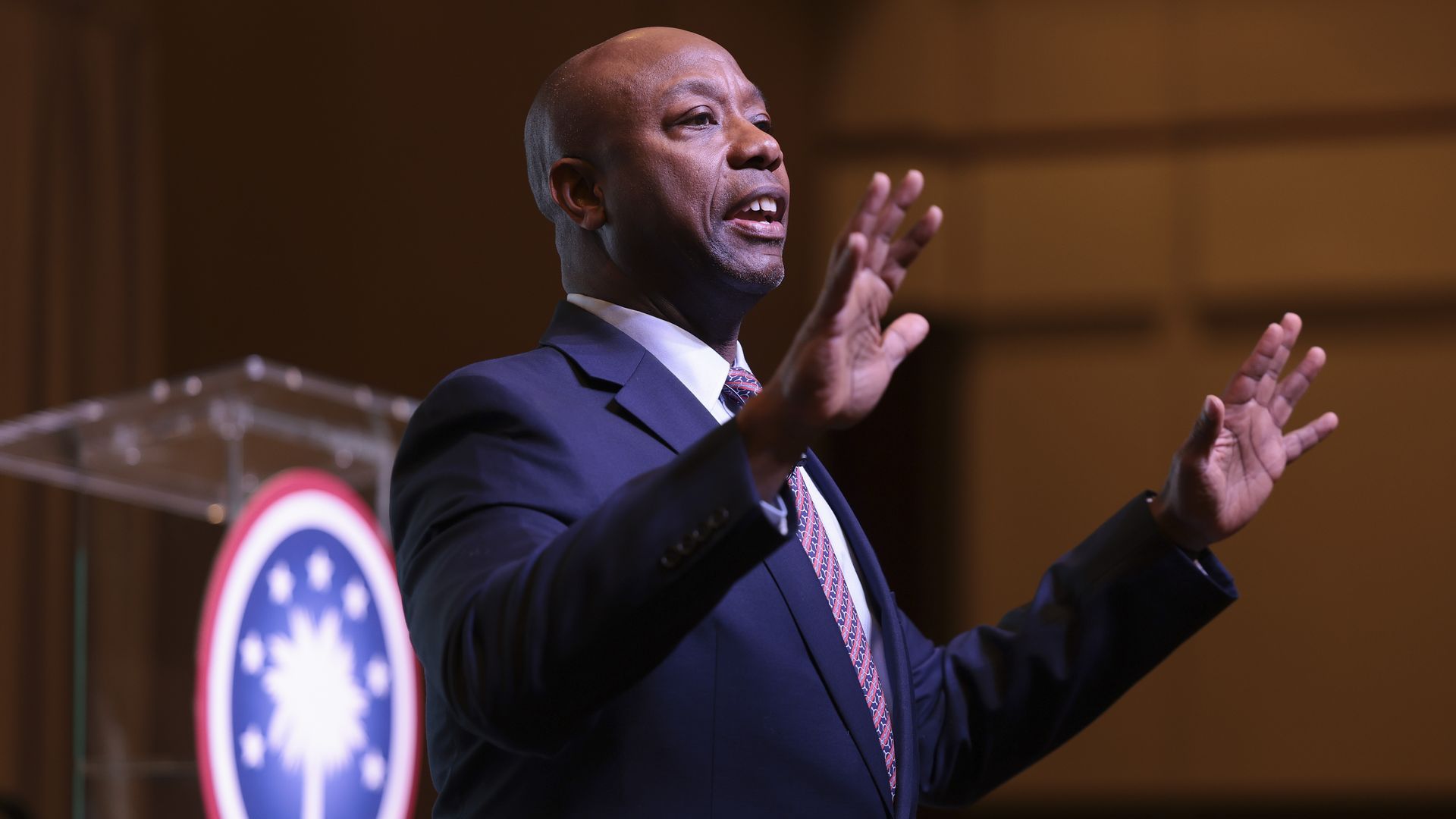 Sen. Tim Scott (R-SC) speaks at the Vision ’24 National Conservative Forum March 18, 2023 in Charleston, South Carolina.