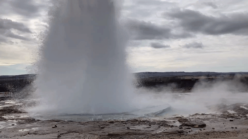The Strokkur Geyser in Iceland erupts. 