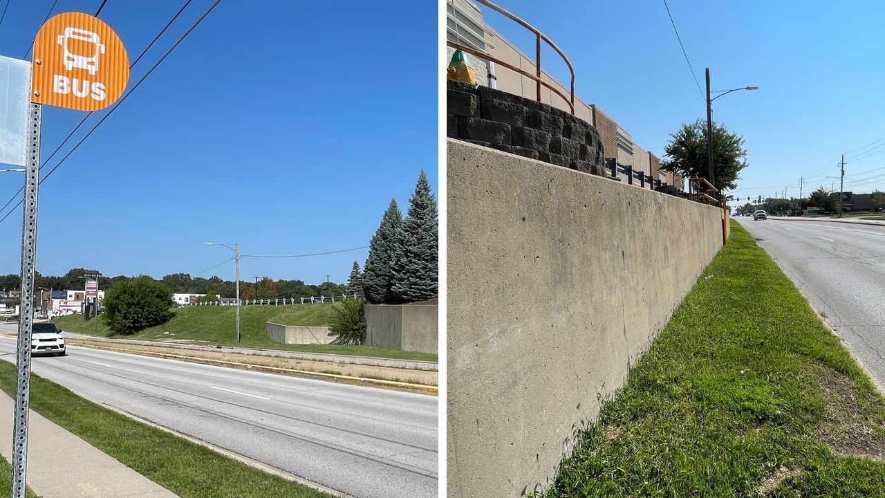 Split image: left shows an orange bus stop sign by the road, a white car, green median, and trees under a blue sky; right shows a tall concrete wall with railing, grassy verge, and distant street with a lamppost.