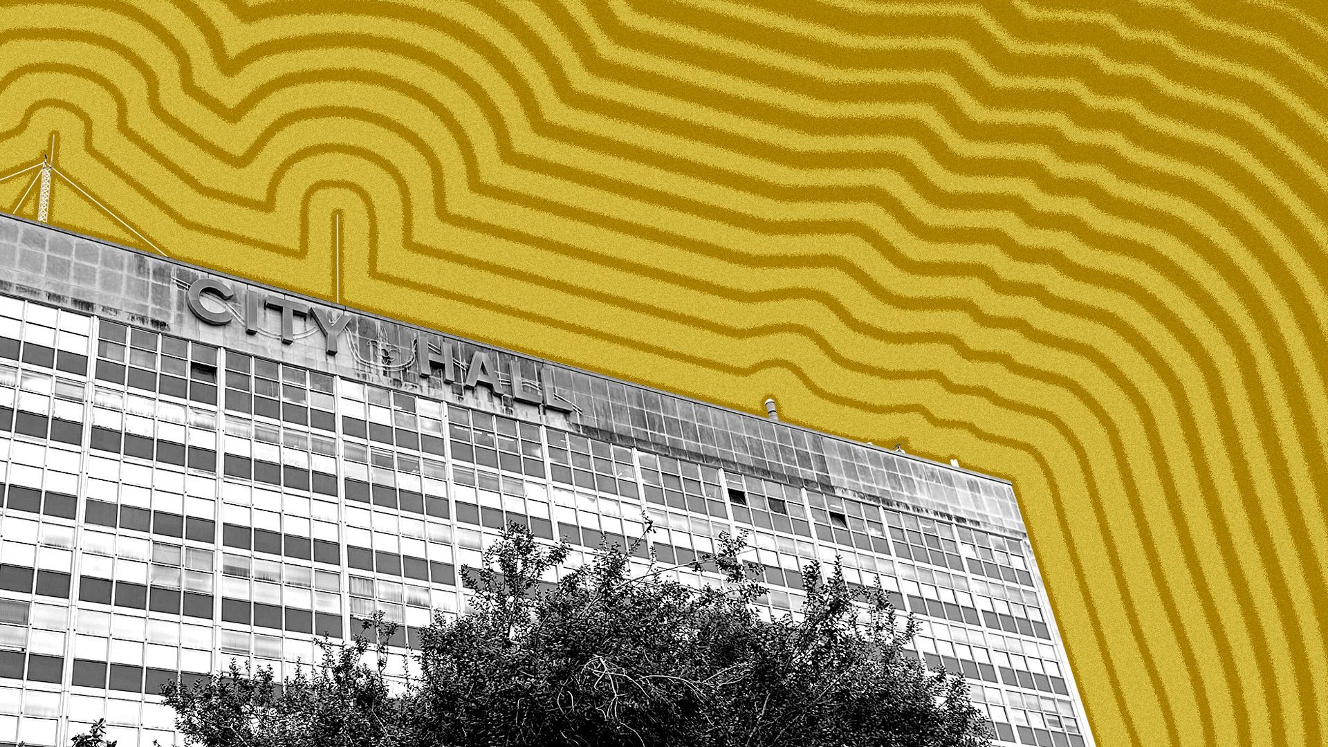Photo illustration of New Orleans City Hall with lines radiating from it.