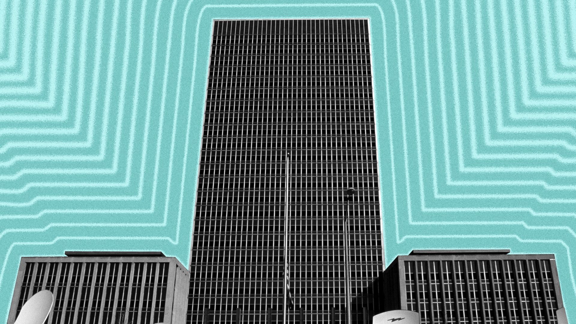 Photo illustration of the Indianapolis city hall with lines radiation from it.